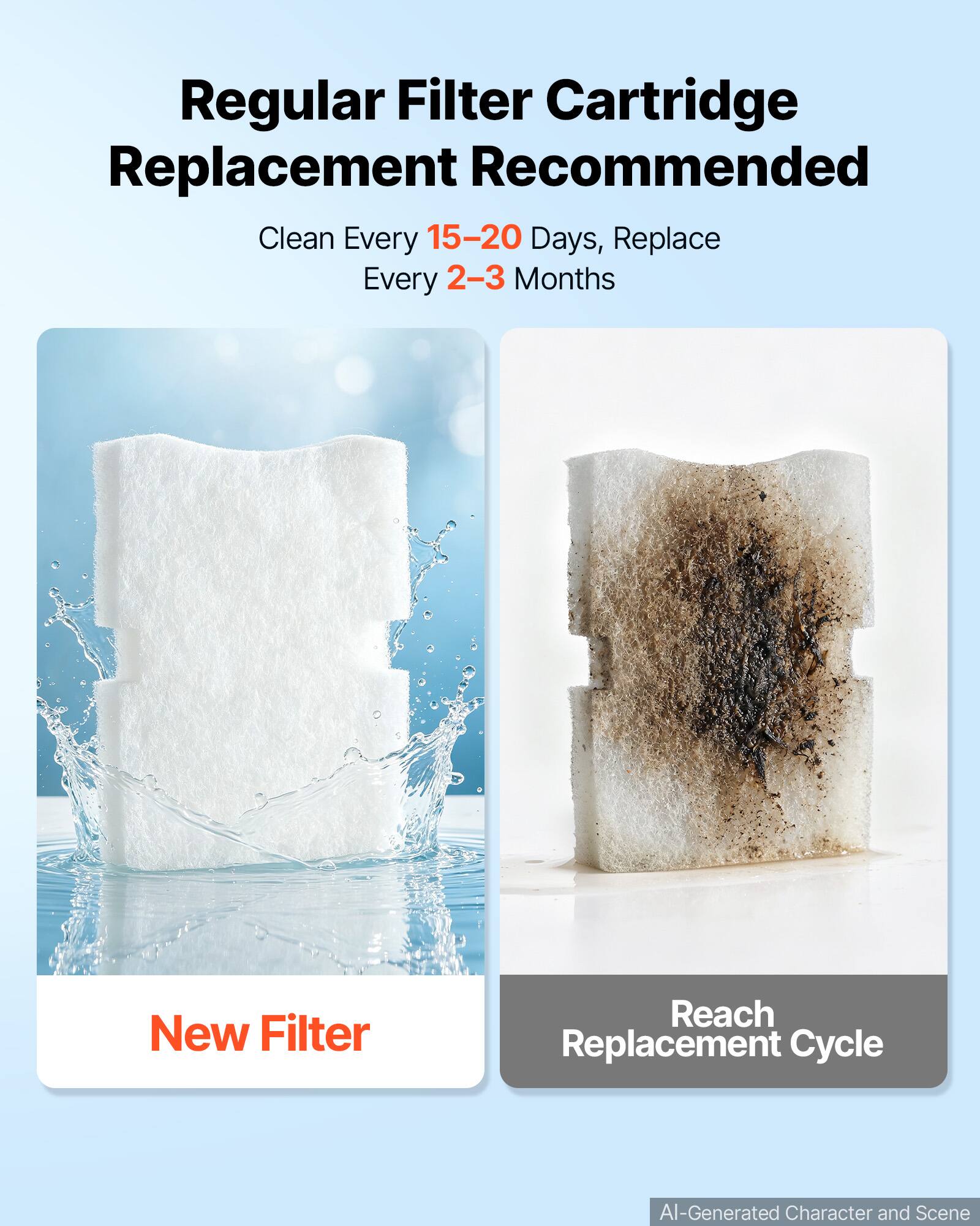 Regular Filter Cartridge Replacement Recommended  
Clean Every 15-20 Days, Replace Every 2-3 Months  

New Filter  
Reach Replacement Cycle  

AI-Generated Character and Scene
