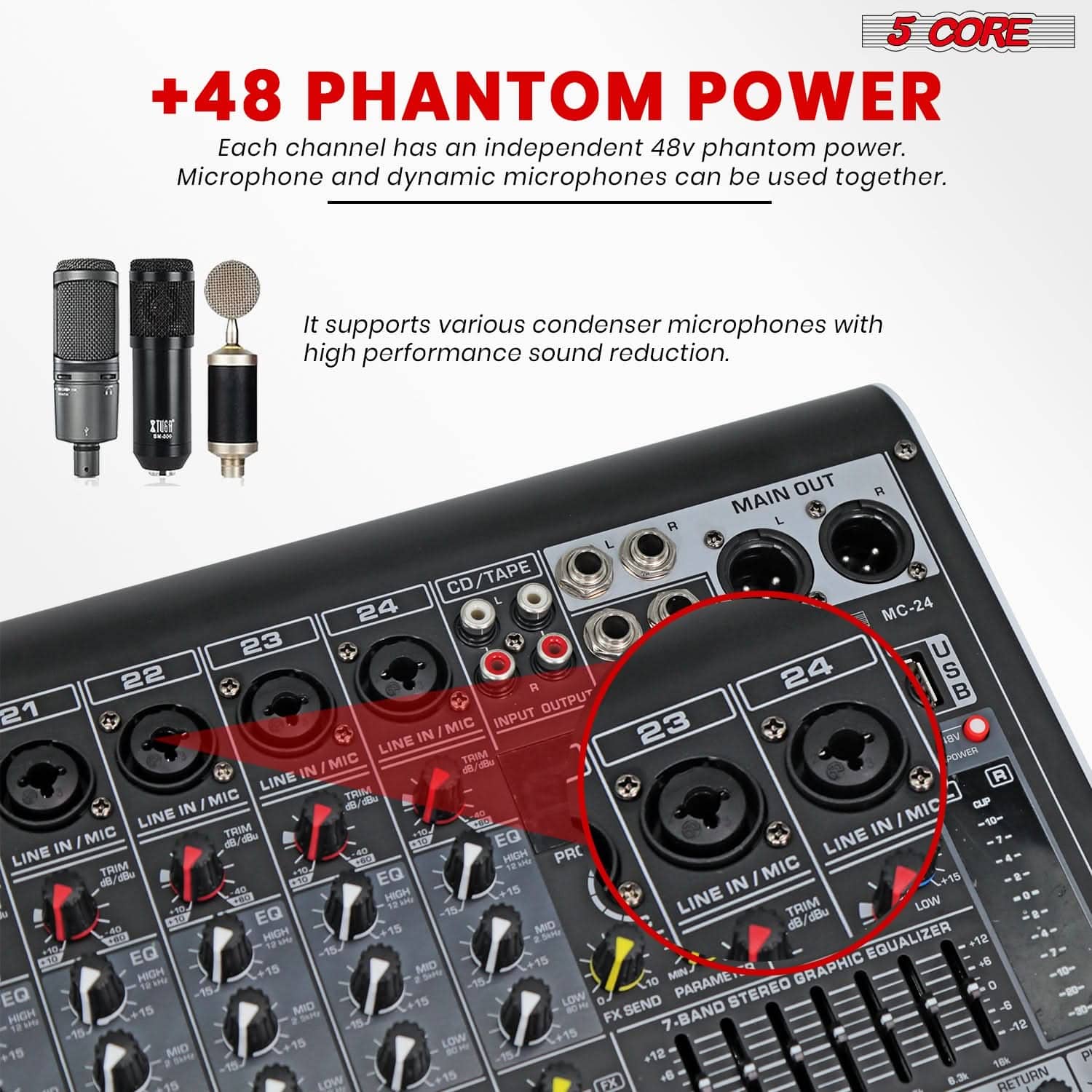 5 CORE Audio Mixer 24 Channel DJ Soundboard USB Interface