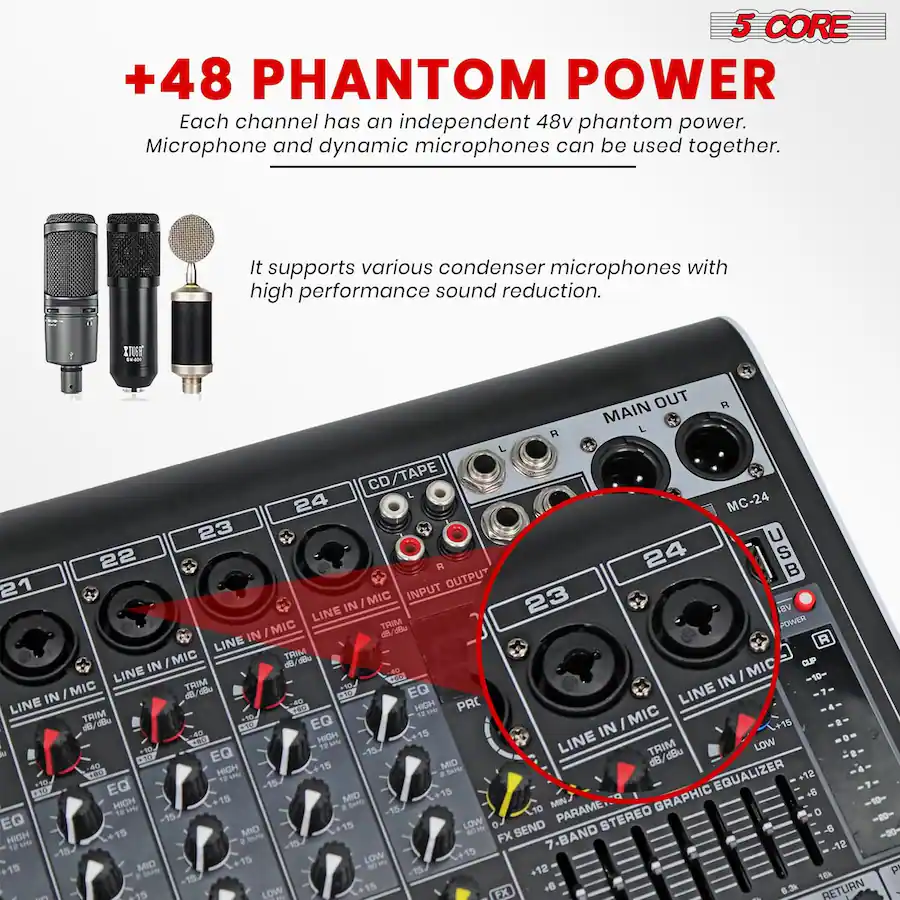 5 CORE Audio Mixer 24 Channel DJ Soundboard USB Interface Bluetooth ...