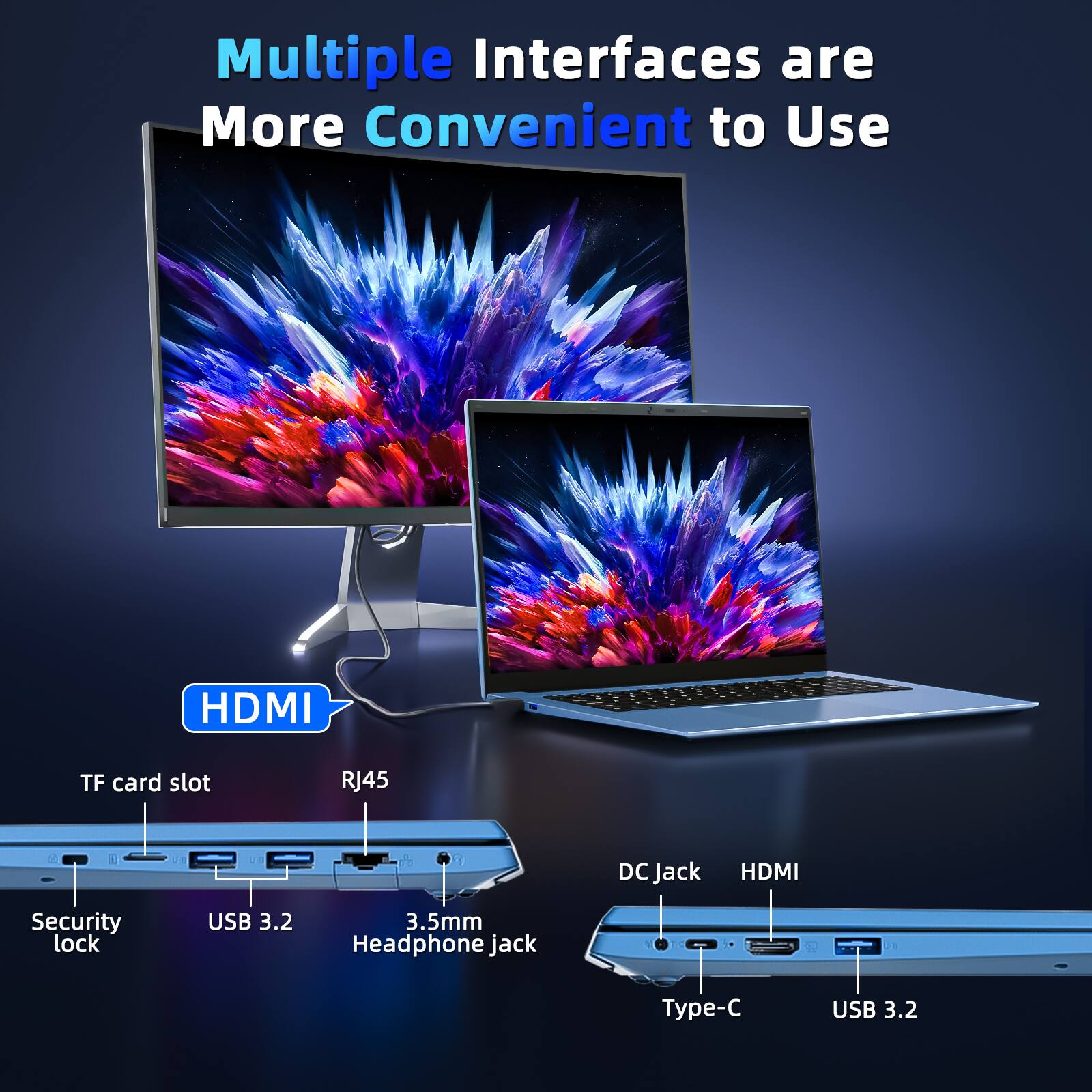 Multiple Interfaces are More Convenient to Use

- HDMI
- TF card slot
- RJ45
- Security lock
- USB 3.2
- 3.5mm Headphone jack

- DC Jack
- HDMI
- Type-C
- USB 3.2
