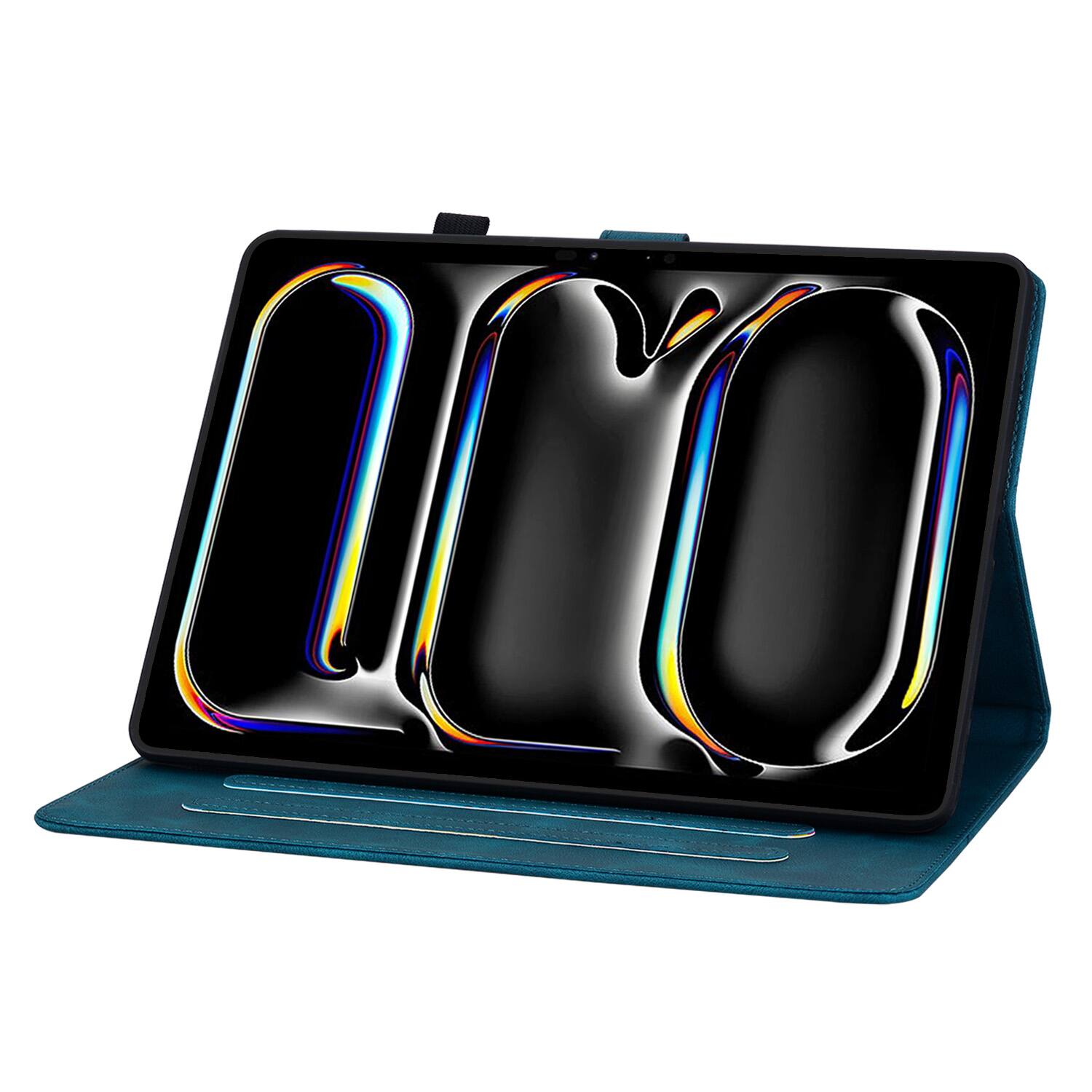 Back. Dteck - Foilo Case for Apple iPad Pro (M5) 11" 2025 & (M4) 2024,Embossed Pattern PU Leather Flip Card Holder Kickstand Cover - Darkblue.