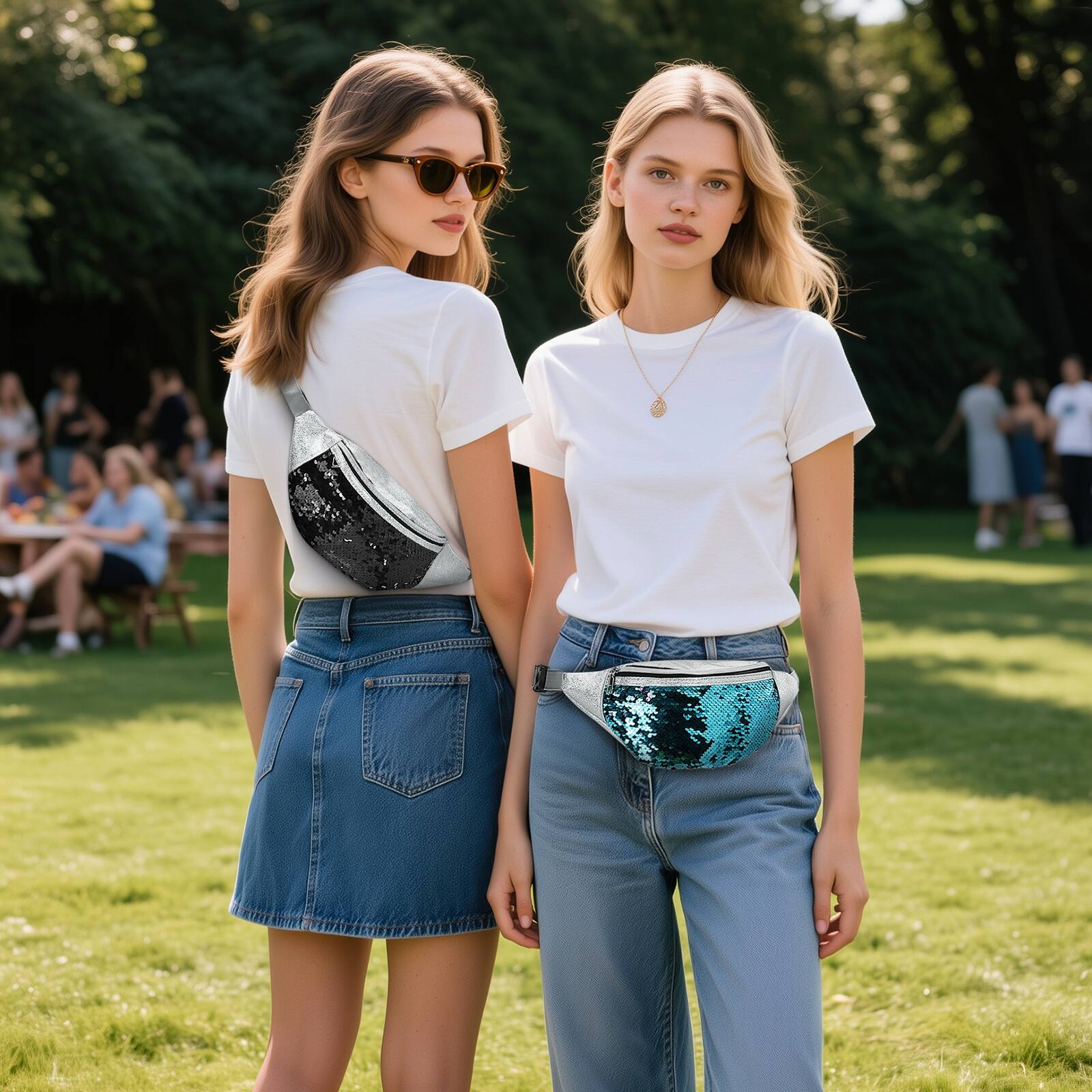 Alt View 6. Unique Bargains - Holographic Sequined Fanny Packs for Women Waist Belt Bag Fashion Crossbody Bum Bag for Running - Blue.