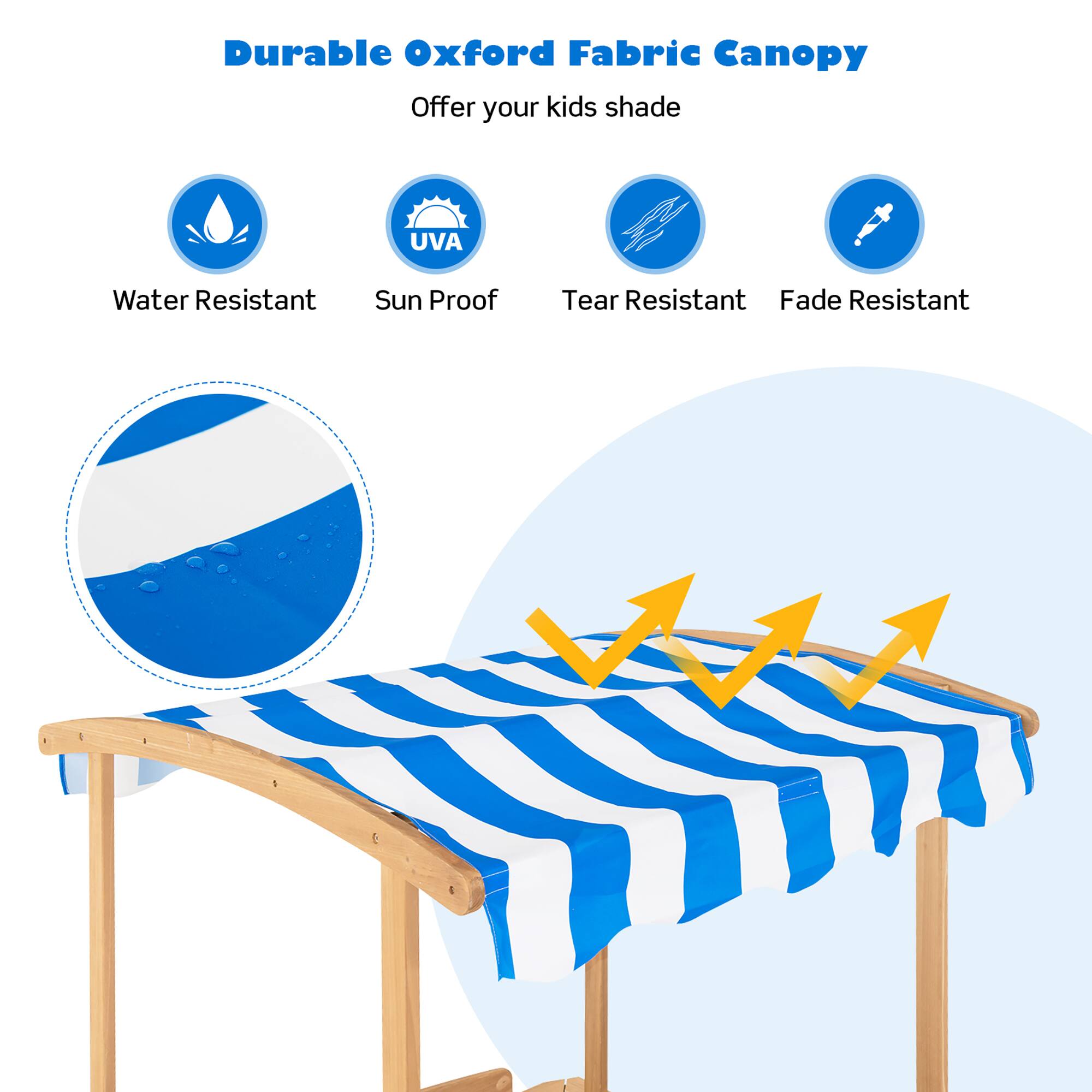 Durable Oxford Fabric Canopy  
Offer your kids shade  

- Water Resistant  
- Sun Proof  
- Tear Resistant  
- Fade Resistant
