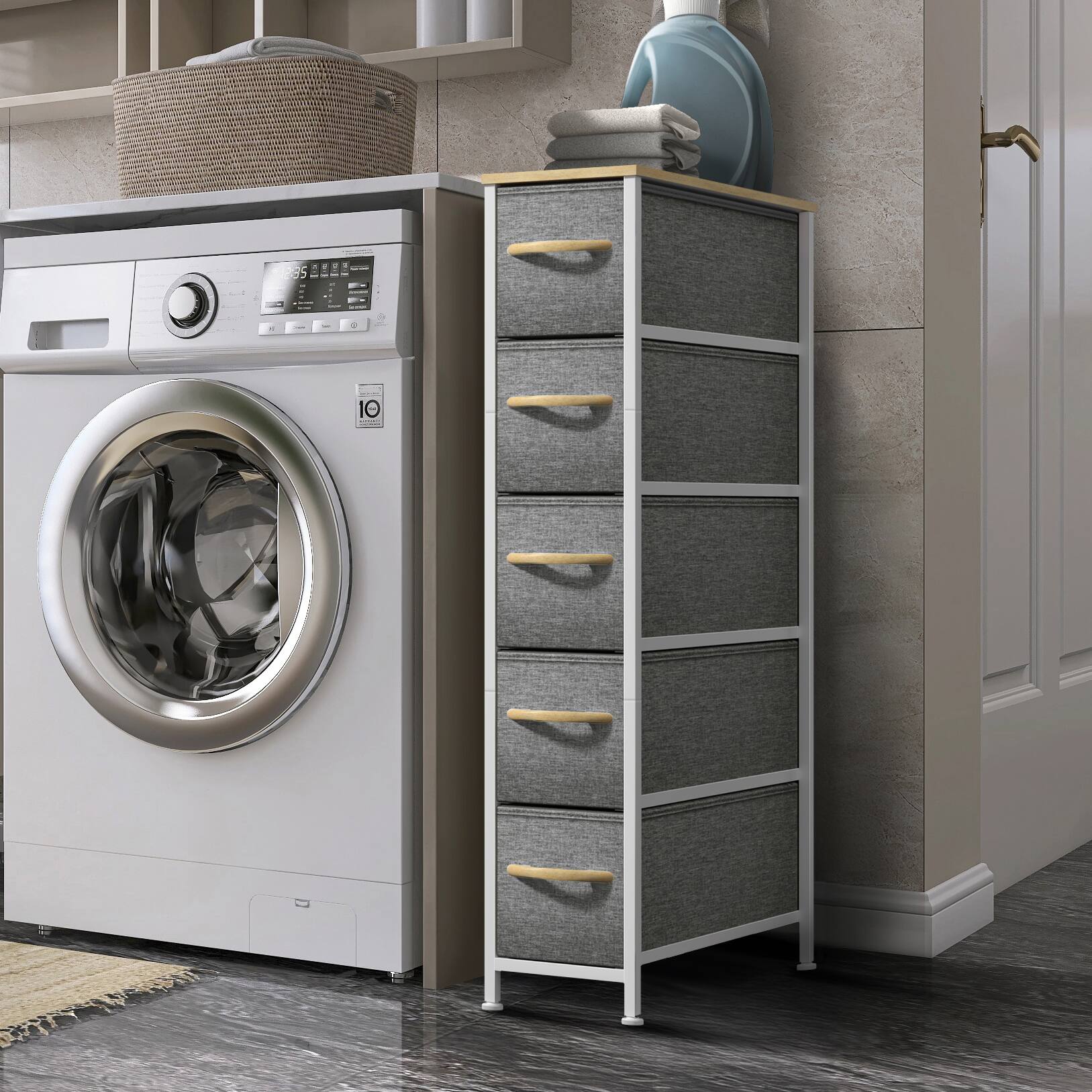 Angle. Sorbus - Sorbus 5 Drawers Narrow Dresser with Steel Frame, Wood Top & Fabric Bins for Small Spaces, Closets, Bedrooms, Bathrooms - Beige.