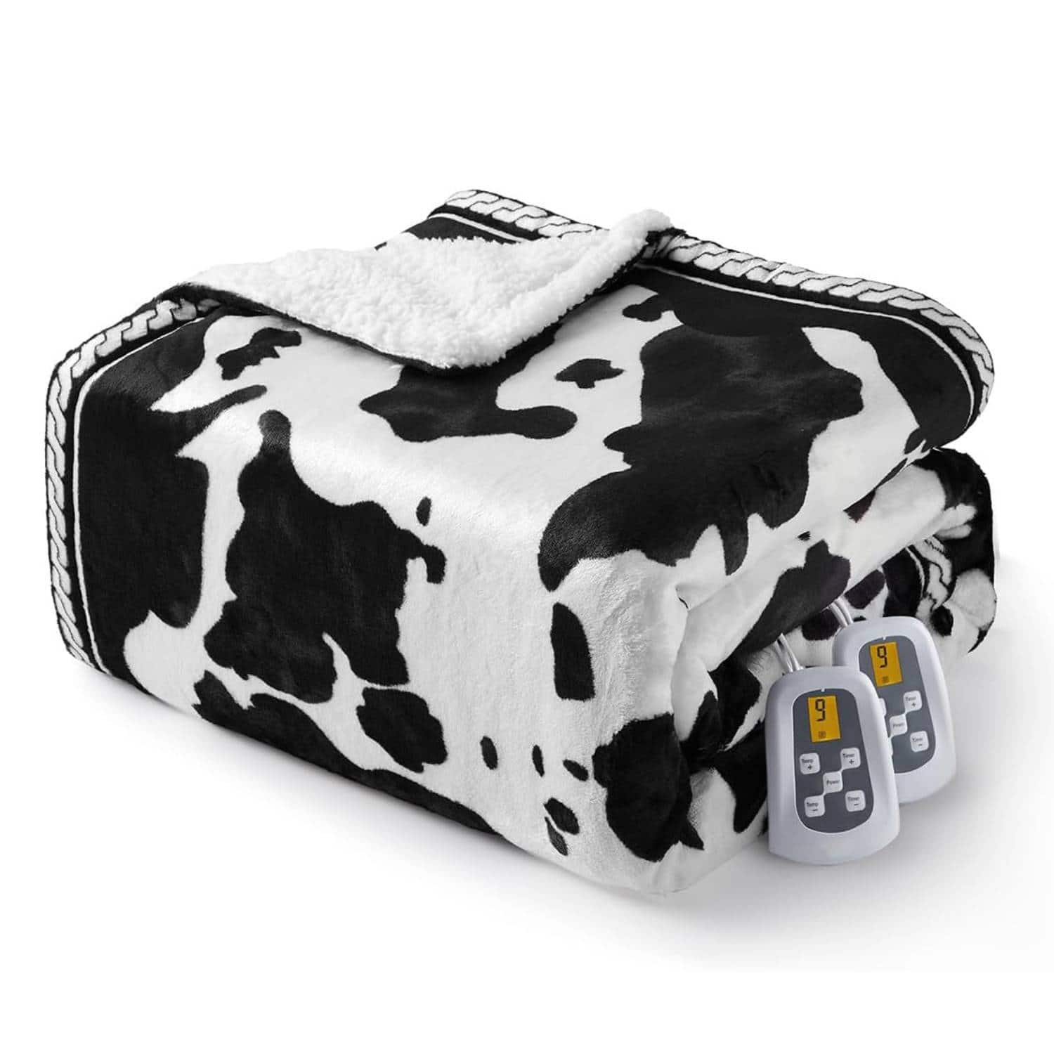Acekool - 50"*60" Cow Print 10 Heat Levels Electric Heating Blanket, Machine Washable - Black+White