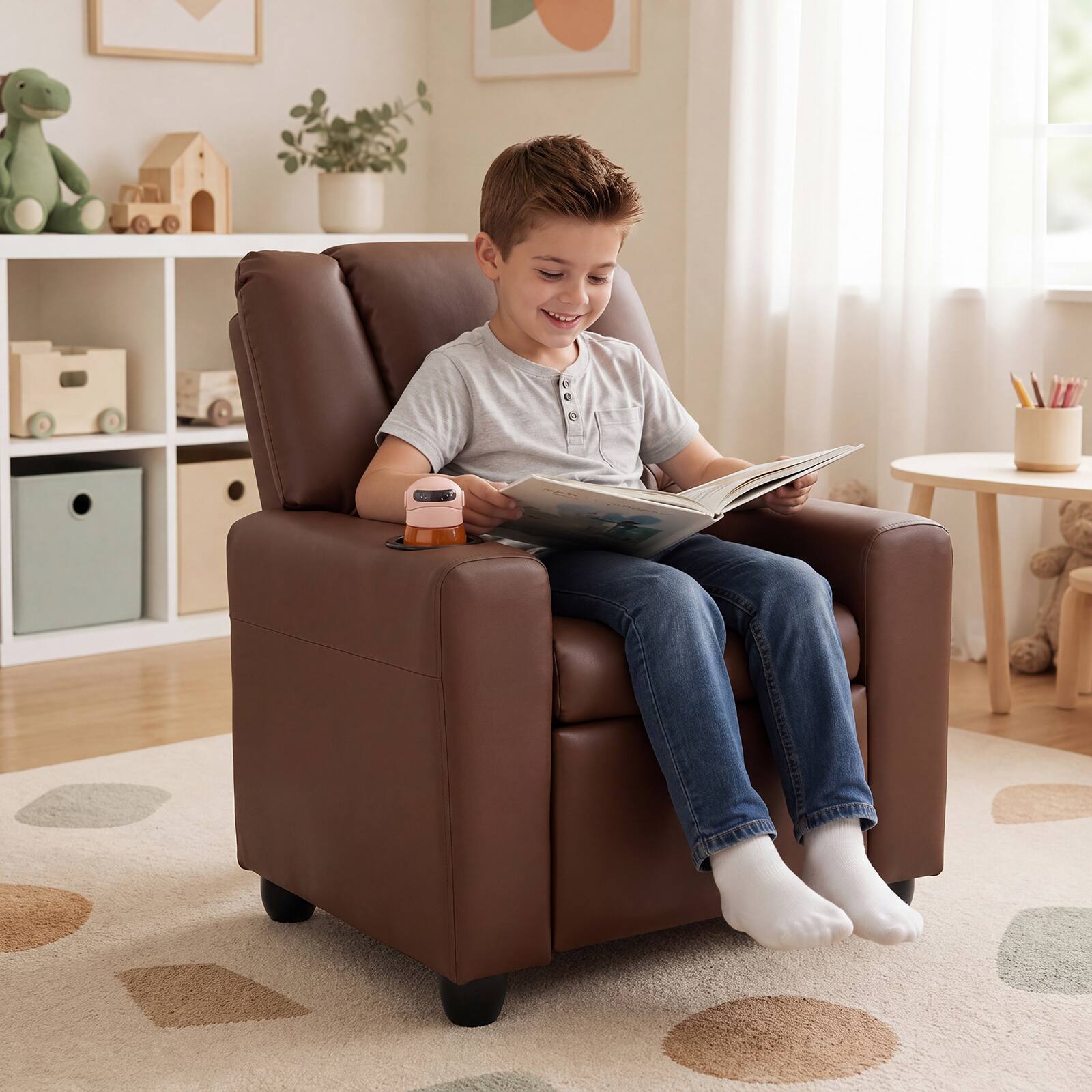 Alt View 3. Costway - Costway Kids Recliner with Cup Holder Adjustable Backrest & Footrest for Boys & Girls - Coffee.