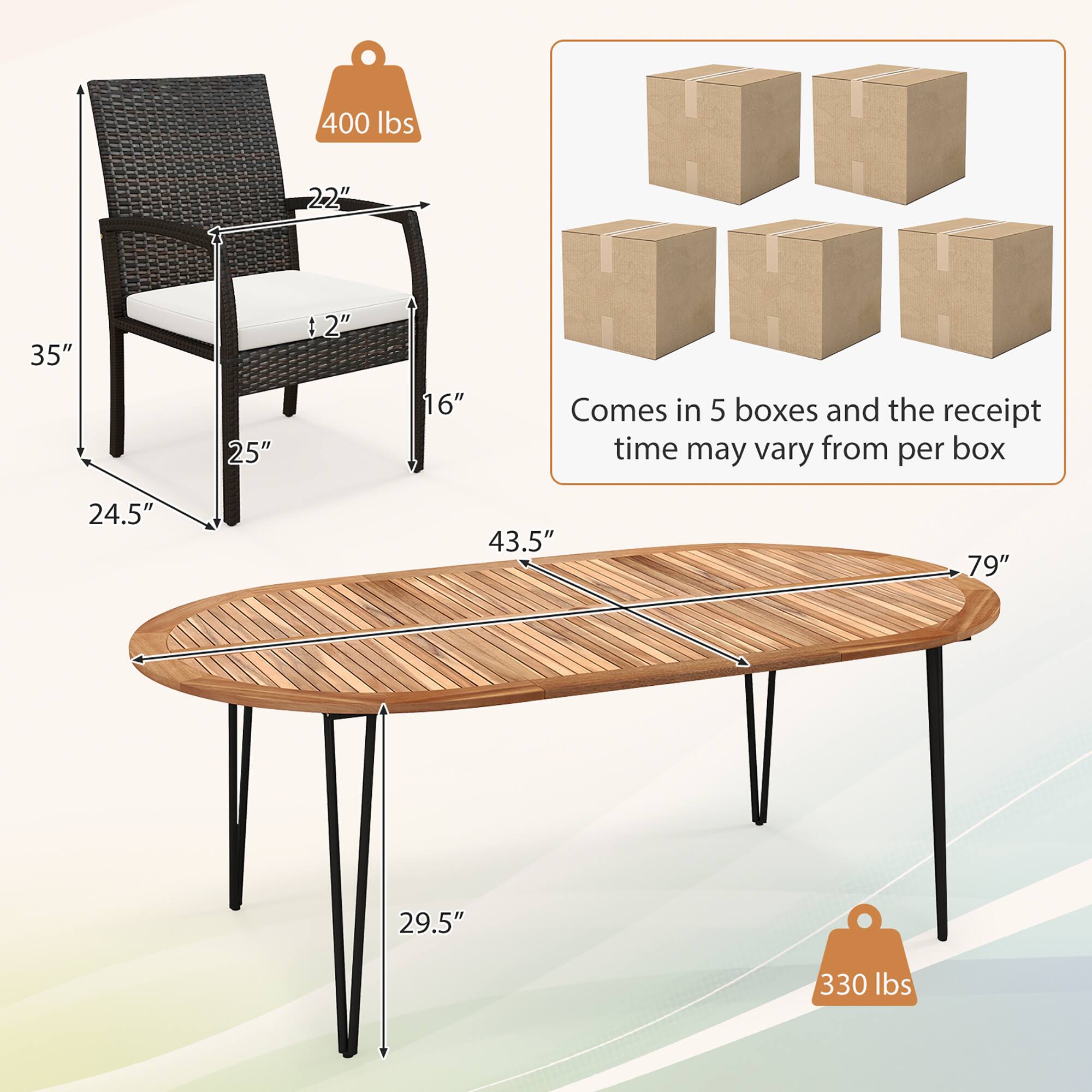 400 lbs, 22" H, 35", 2", 25", 16", Comes in 5 boxes and the receipt time may vary from per box, 24.5", 43.5", 79", 29.5", 330 lbs