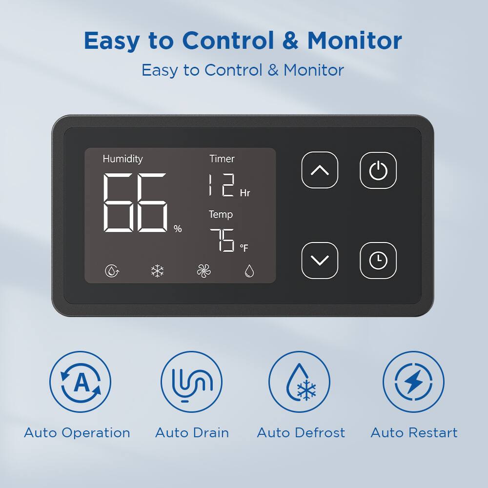 Easy to Control & Monitor

Humidity 66%
Timer 12 Hr
Temp 75 F

Auto Operation
Auto Drain
Auto Defrost
Auto Restart
