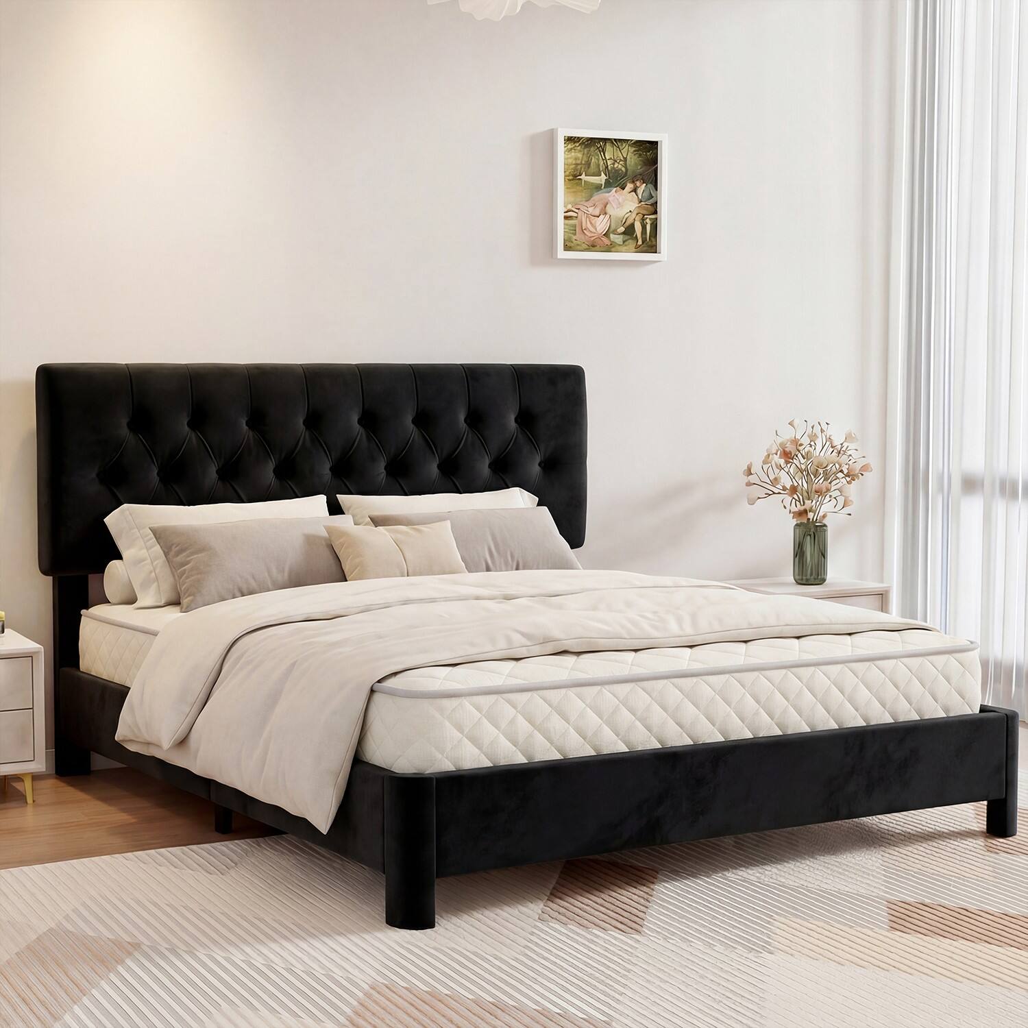 Left. Dyonery - Platform Bed Frame with Upholstered Button Tufted Headboard, Mattress Foundation with Wooden Slat Support - Black.