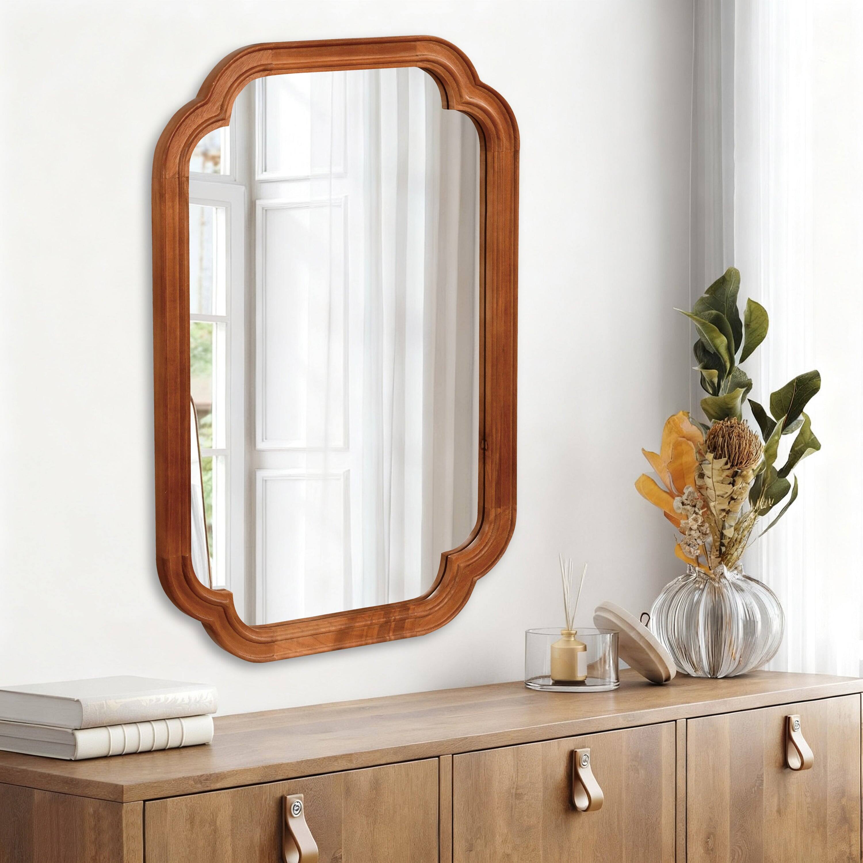 Left. BreeBe - 24x36 Yellowish Brown Solid Wood Rounded Corner Decorative Mirror for Bedroom Bathroom Living Room Entryway - Yellow Brown.