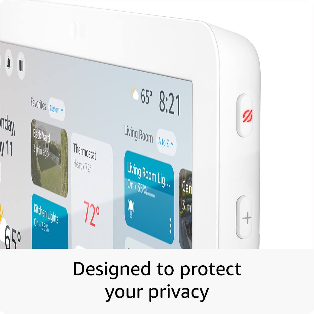 Favorites 65 8:21 Custom Dnday, Back Yard Living Room AtoZ V y 11 3 to ago Thermostat Heat 72 Living Room On I 35% Lig... Can 3.m 3 Kitchen Lights 72 + On 35% 65 Designed to protect your privacy