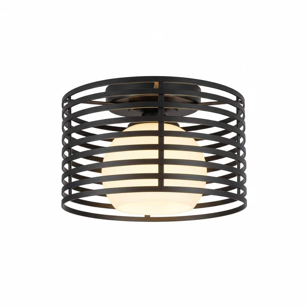 FINEAK - 9" Modern Industrial Semi-Flush Ceiling Light, Black Glass Shade for Multi-Spaces