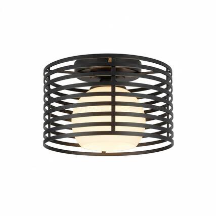 Front. FINEAK - 9" Modern Industrial Semi-Flush Ceiling Light, Black Glass Shade for Multi-Spaces.