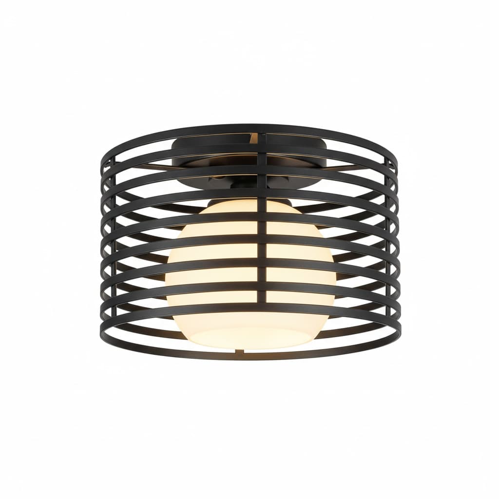Front. FINEAK - 9" Modern Industrial Semi-Flush Ceiling Light, Black Glass Shade for Multi-Spaces.