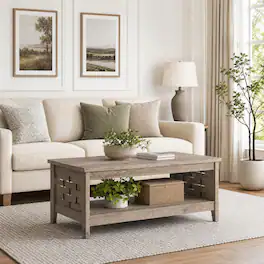 WELLFOR - 2-Tier Farmhouse Coffee Table with Open Shelf, Rectangular Center Table for Living Room - Oak