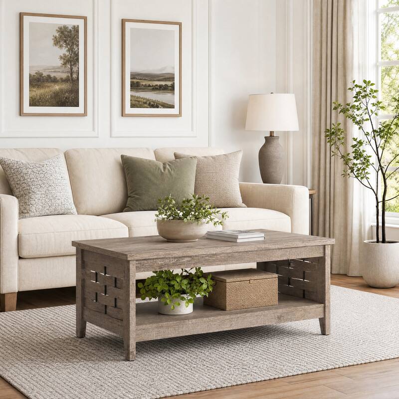 Front. WELLFOR - 2-Tier Farmhouse Coffee Table with Open Shelf, Rectangular Center Table for Living Room - Oak.