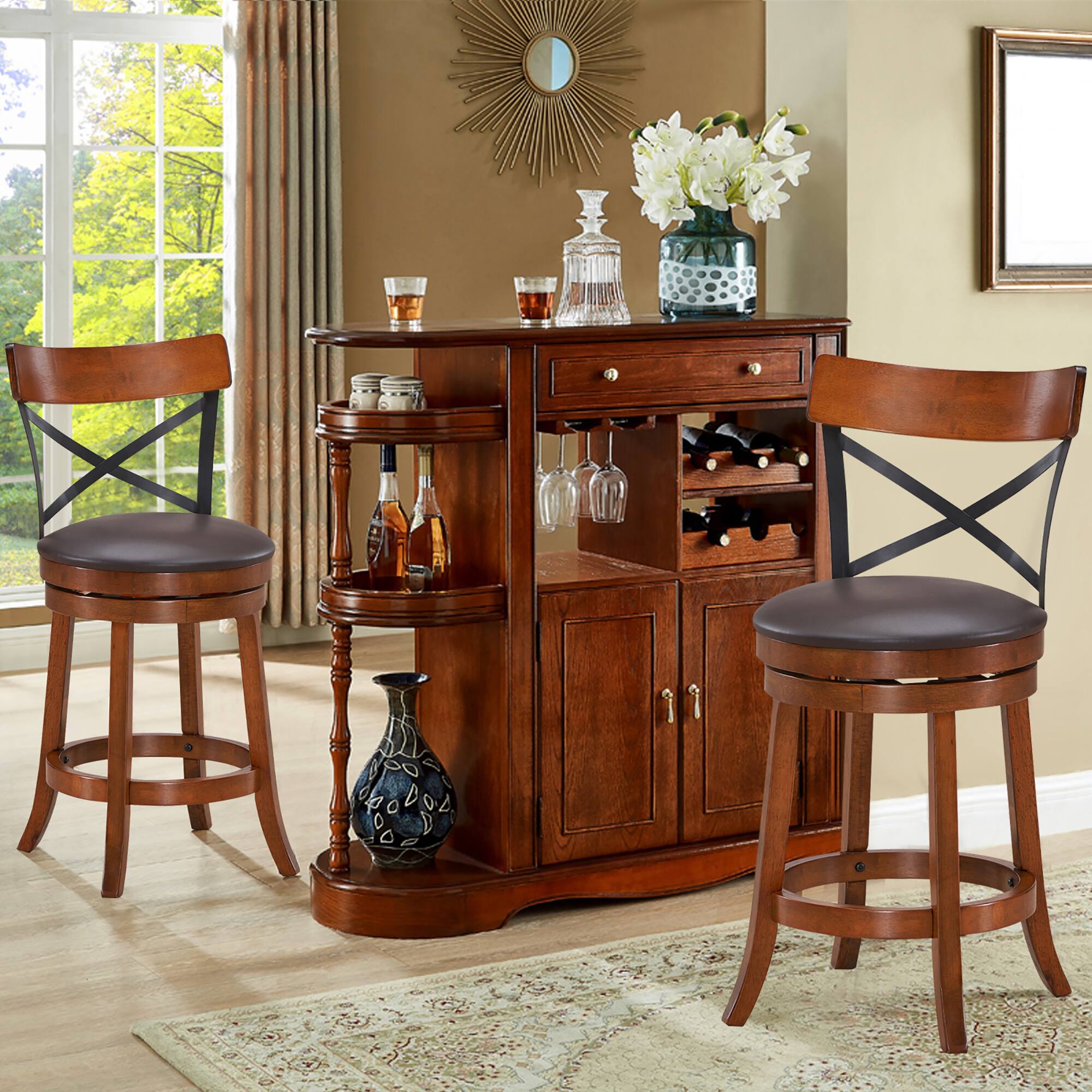 Alt View 2. Costway - Costway Set of 2 Bar Stools Swivel 25" Dining Bar Chairs with Rubber Wood Legs - Walnut,Black,Brown.