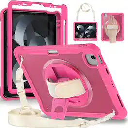 Dteck - Rugged Case for iPad Air 11-inch M4(2026)/M3 (2025) /M2 Shockproof Handstrap Foldable Kickstand Cover+Crossbody Strap - Rose