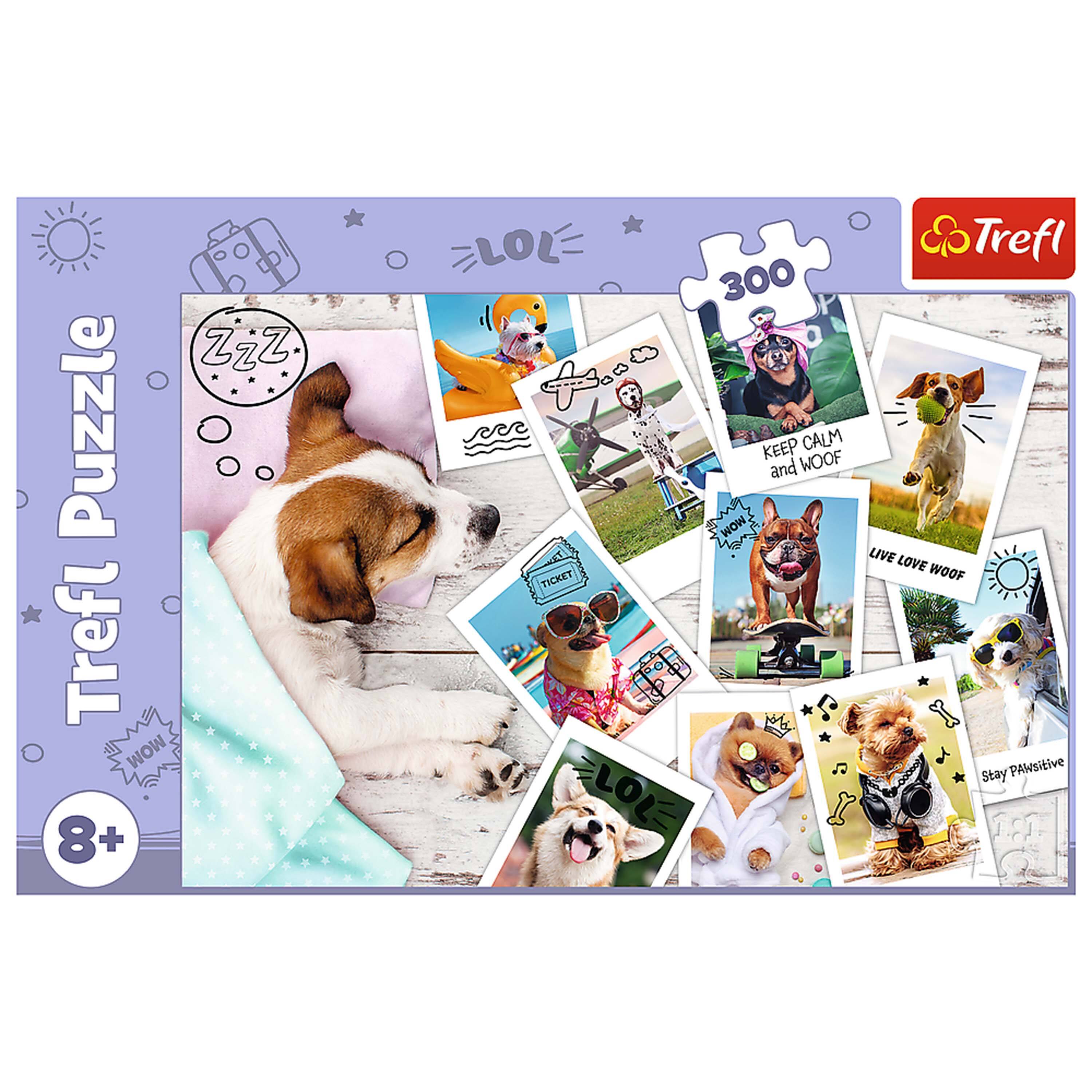 Sure, here is the corrected and grouped text from the image:

- Trefl Puzzle
- 8+
- 300
- Zzz
- WOW
- TICKET
- KEEP CALM and WOOF
- LIVE LOVE WOOF
- Stay PAWSitive
- LOL
- Trefl