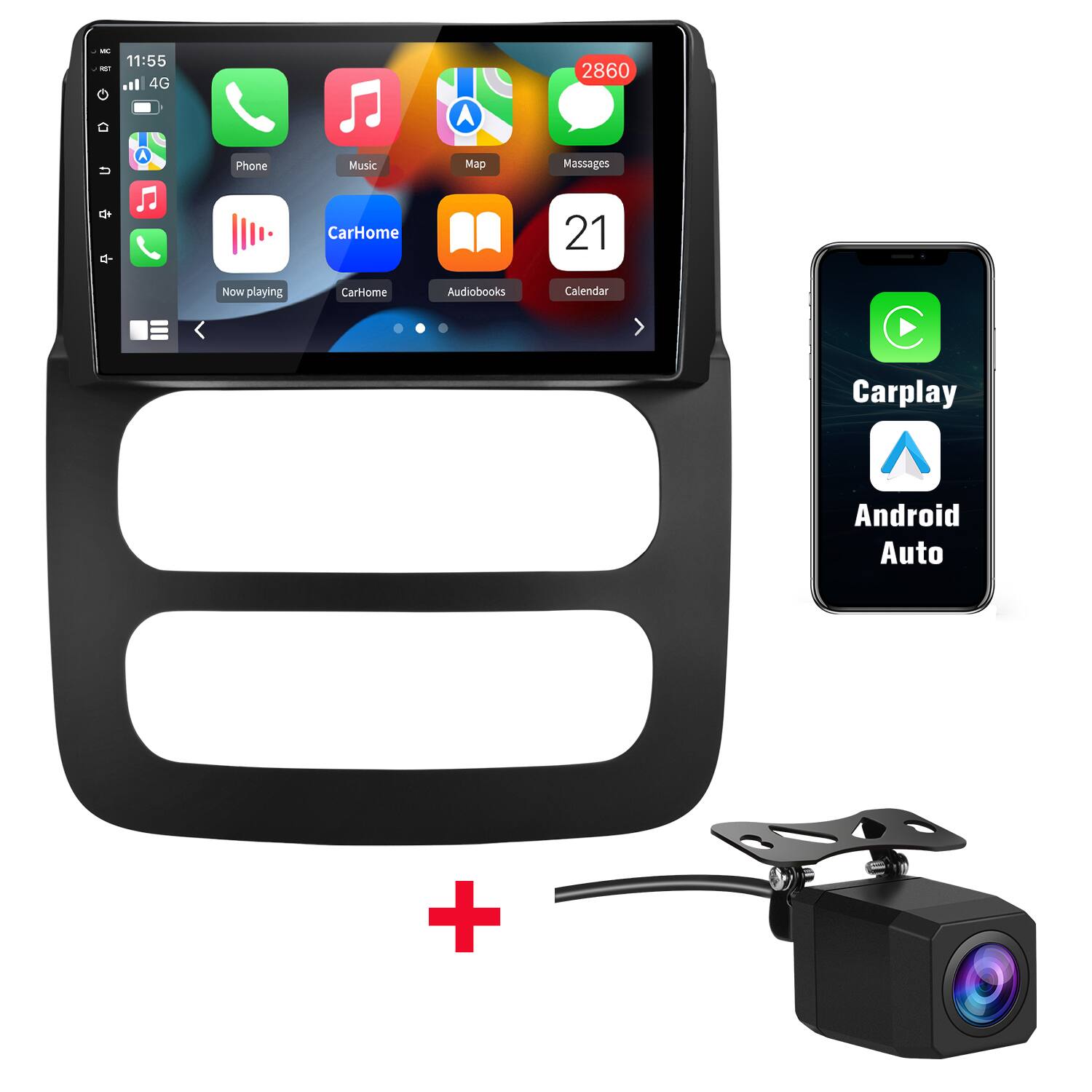 - i 11:55 4G A 2860 Phone Music Map Massages d+ C CarHome 21 Now playing Cartome Audiobooks Calendar Carplay Android Auto +