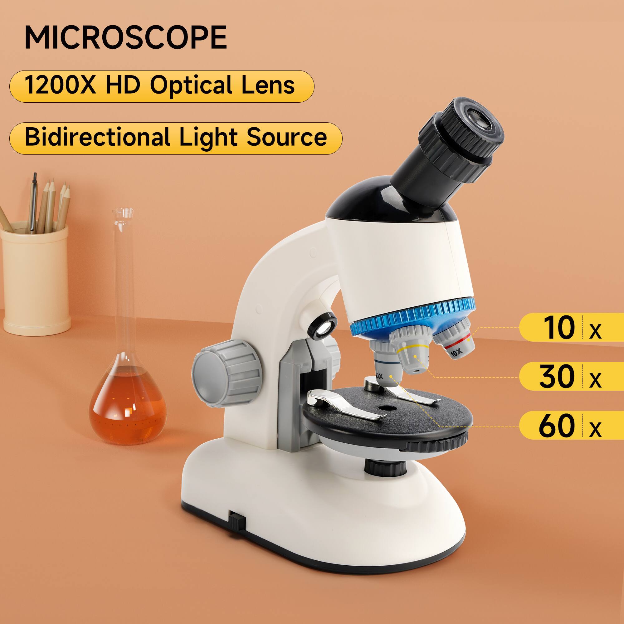 MICROSCOPE  
1200X HD Optical Lens  
Bidirectional Light Source  
10 x  
30 x  
60 x