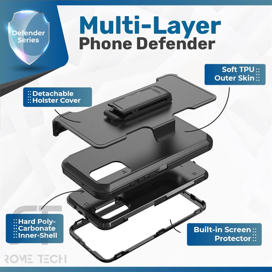 Defender Multi-Layer Series Phone Defender Soft TPU Outer Skin Detachable Holster Cover 11 Hard Poly-Carbonate Inner-Shell Built-in Screen Protector ROME TECH