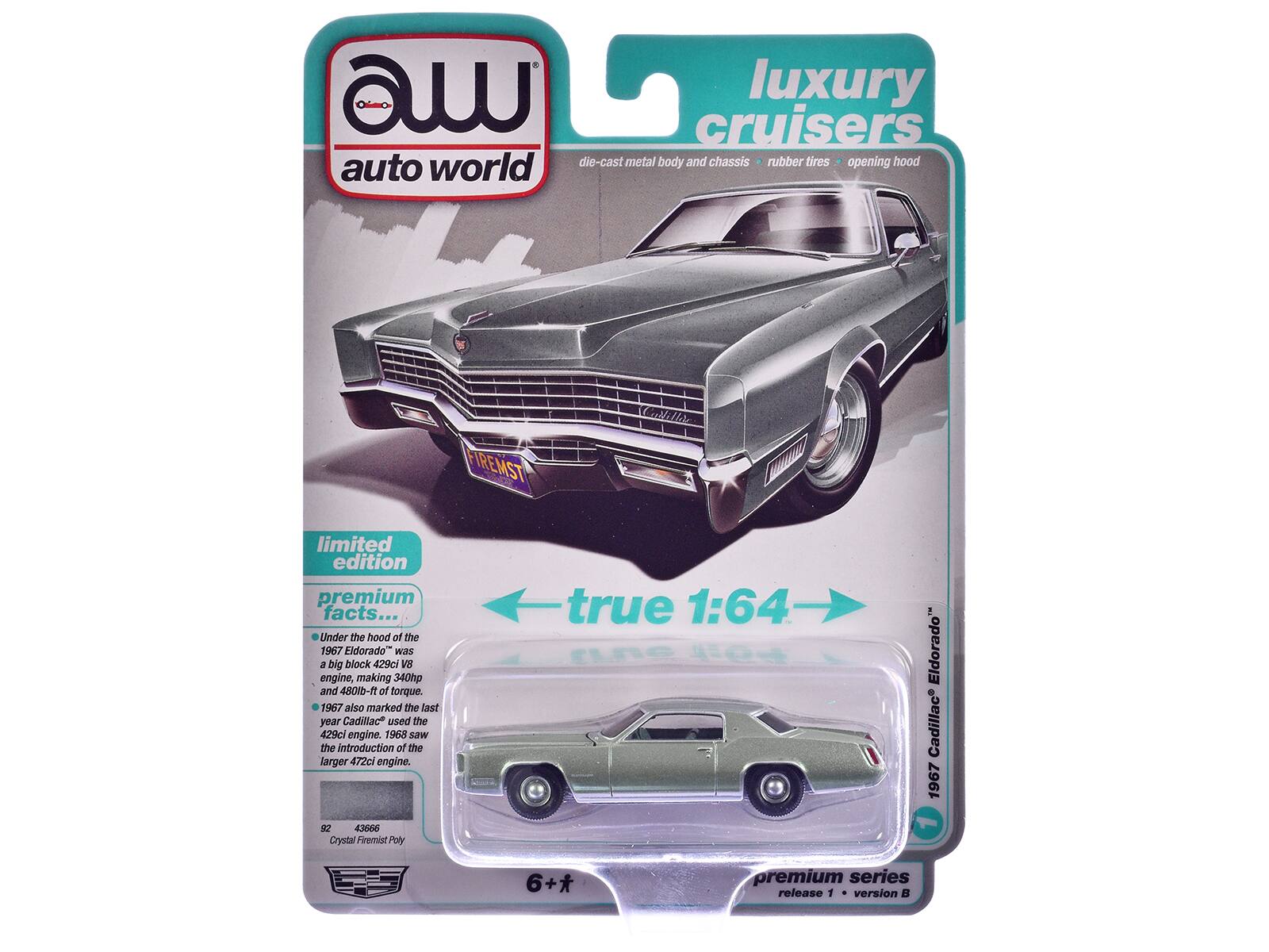 A luxury cruisers world die-cast metal body and chassis rubber tires opening hood auto IREMST limited edition premium facts... Under the hood of the 1967 Eldorado was a big block 429cl V8 engine, making 340hp and 480lb-ft of torque. 1967 also marked the last year Cadillac used the 429cl engine. 1968 saw the introduction of the larger 472cl engine. true 1:64 SU Eldorado Cadillac 1967 K 43666 Crystal Firemist Poly 6+* premium series release 1 version B