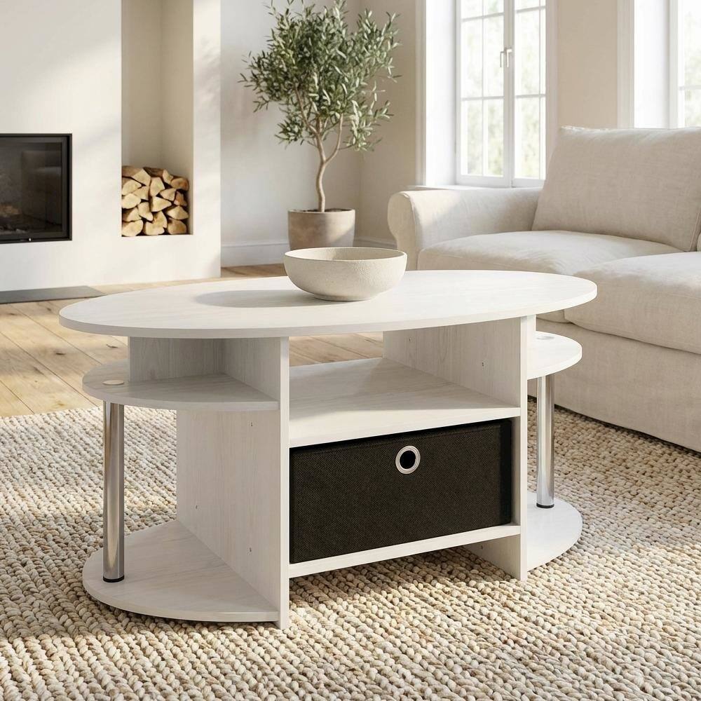 Left. FurniFact - White Oak Oval Coffee Table with Storage Bin and Stainless Steel Tubes - White Oak/Chrome/Black.