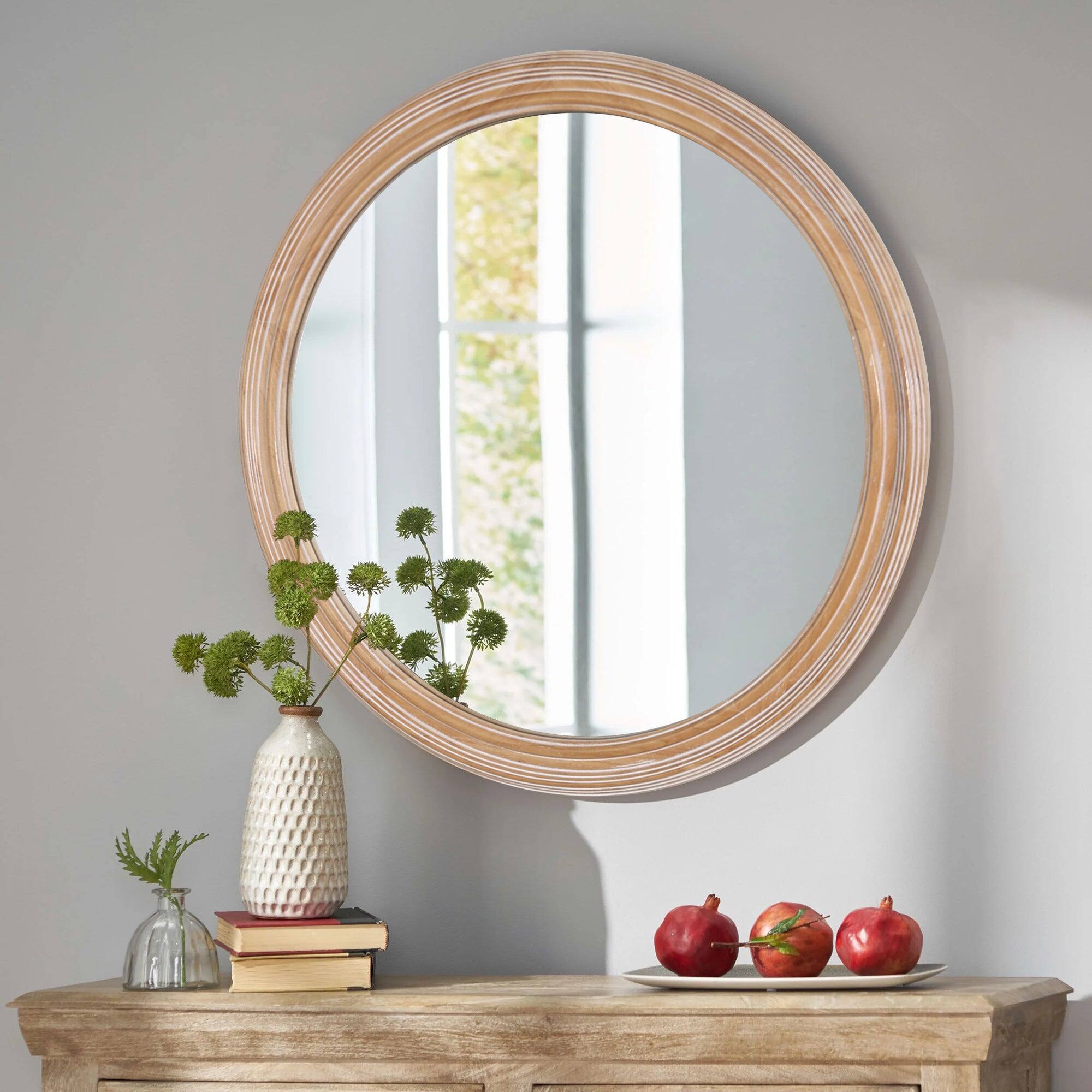 Left. BreeBe - 23.62" Round Wood Framed Wall Mirror with Ribbed Detail, Natural Wooden Circle, Coastal Farmhouse Decor for Home - Natural Wood.