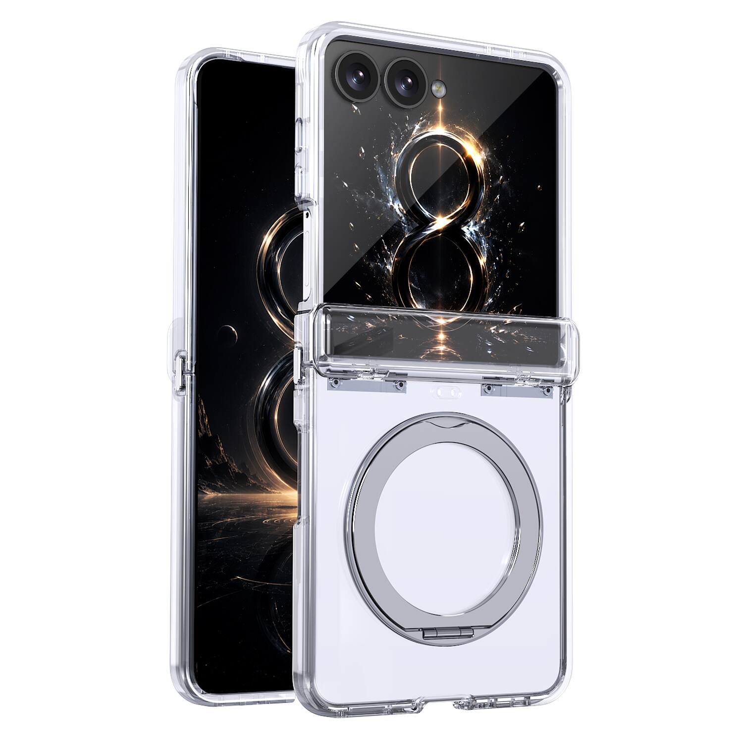 Left. Dteck - Magnetic Case for Samsung Galaxy Z Flip8 with Aluminum Stand, Matte Shockproof Auto Spring Hinge Protective Cover - Clear.