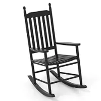 Costway Outdoor Wooden Rocking Chair with Solid Rocking Base Slatted Seat & Back Patio - Black - Front_Zoom
