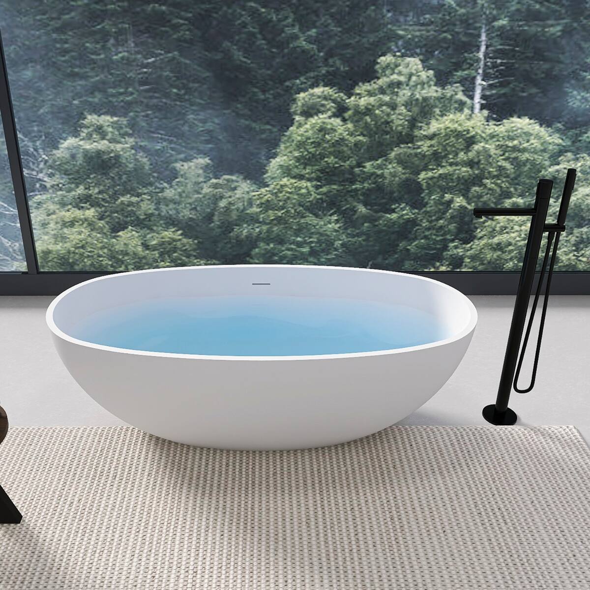 Back. Loheer - Loheer 65.2 in Freestanding Solid Surface Soaking Bathtub Matte White Oval Center Drain - Matte White.