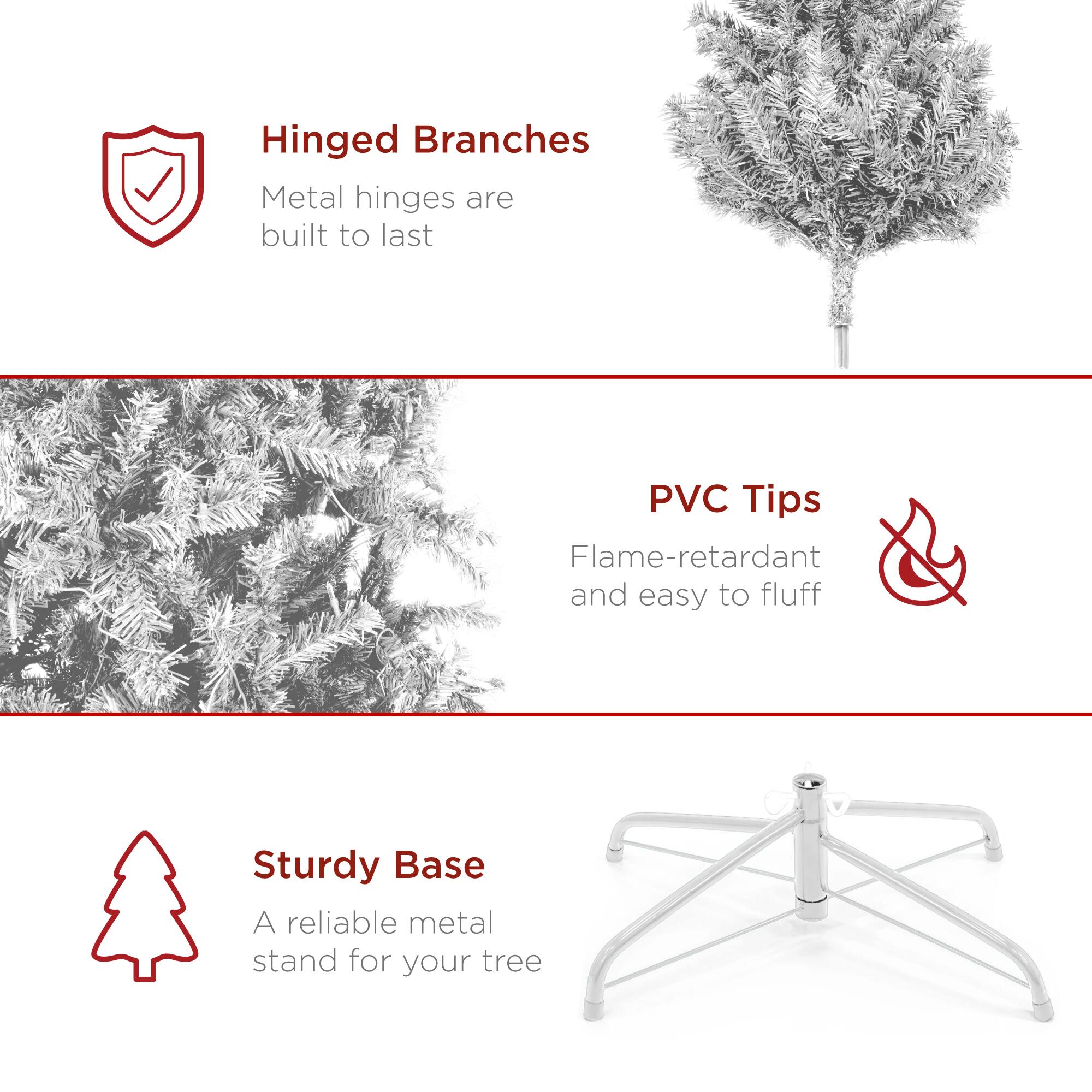 - Hinged Branches: Metal hinges are built to last
- PVC Tips: Flame-retardant and easy to fluff
- Sturdy Base: A reliable metal stand for your tree