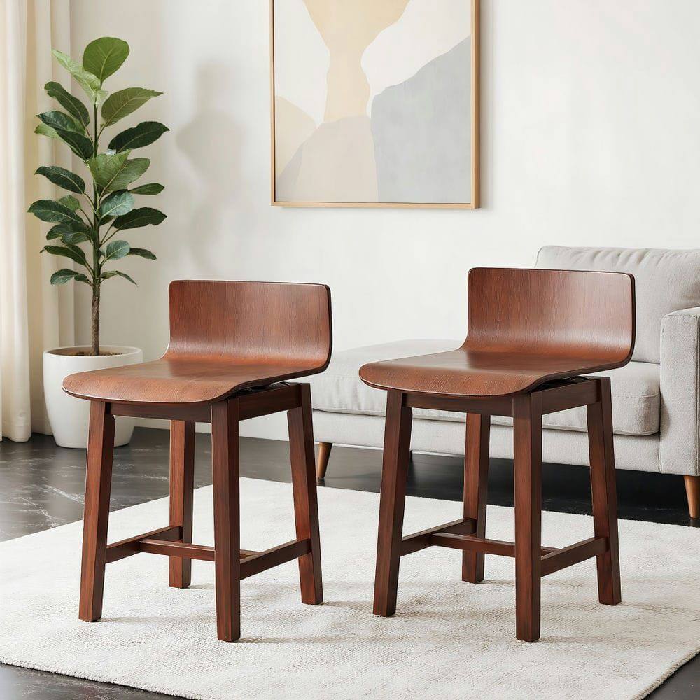 Front. Kadyn - Set of 2 Swivel Dining Chairs with Low Back and Curved Seat Design, Walnut Finish - Brown.