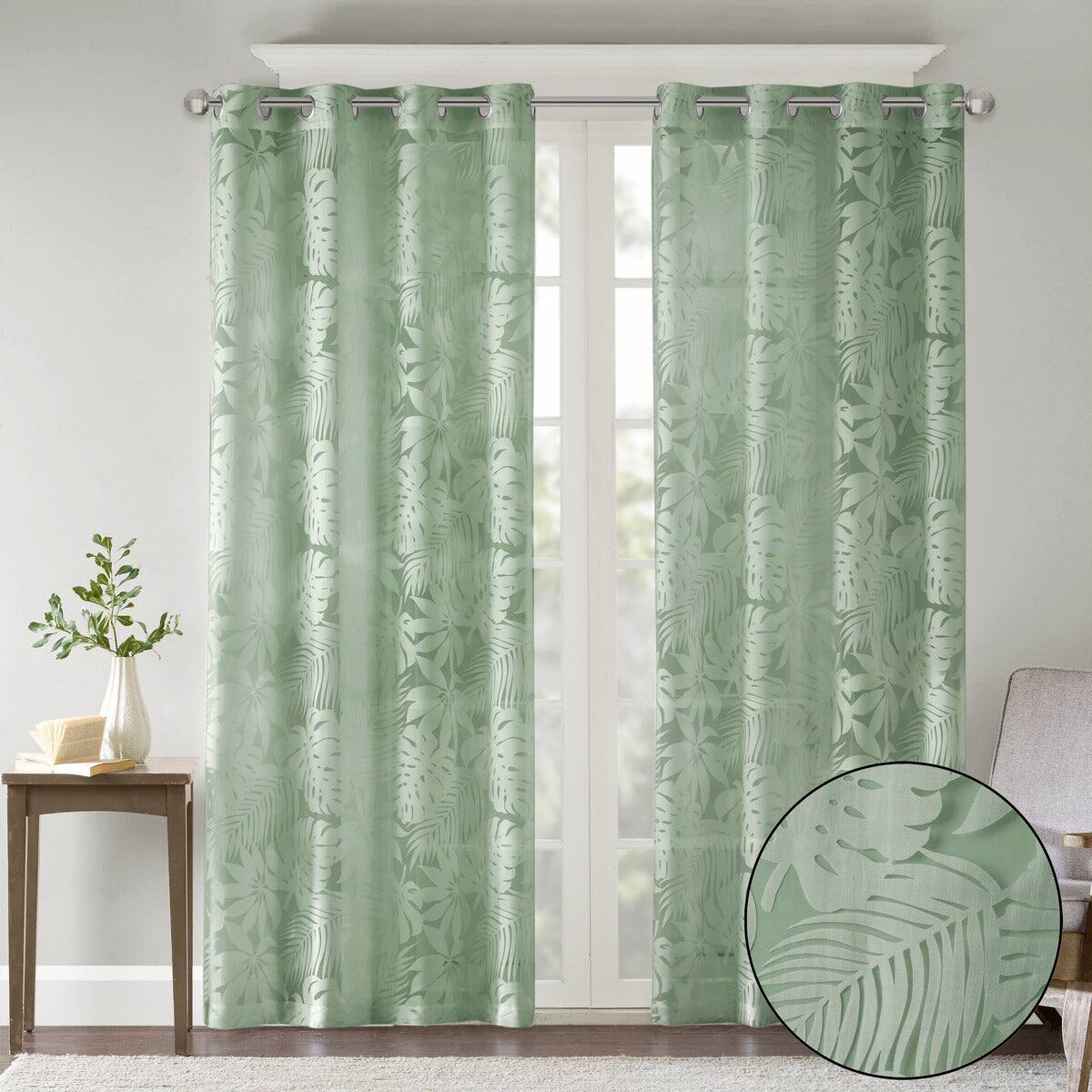 Angle. BreeBe - Palm Leaf Burnout Window Sheer Sage Green 50x84' - Sage Green.