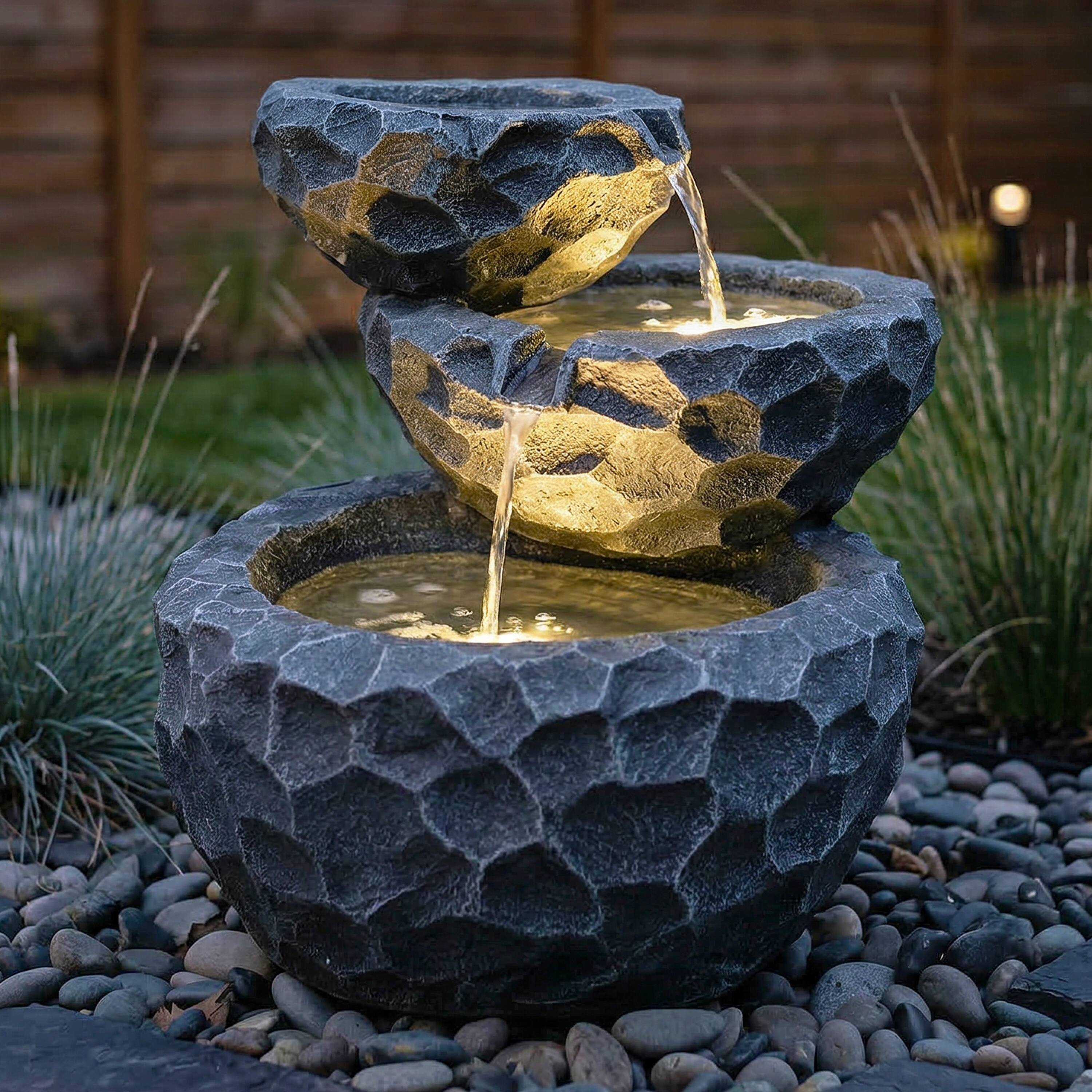 Alt View 10. Sunnydaze - 3-Tier Chiseled Basin Solar Water Fountain with Battery - 17 in - Grey.