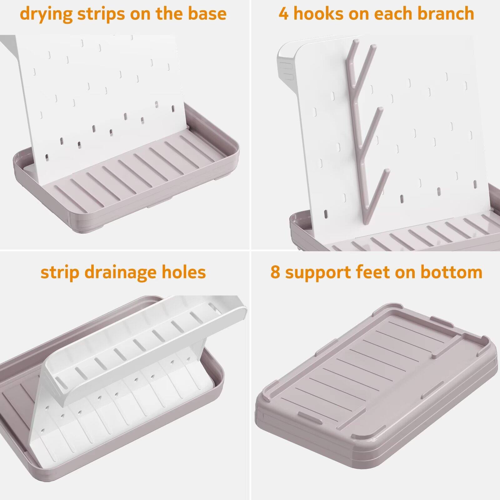- drying strips on the base
- 4 hooks on each branch
- strip drainage holes
- 8 support feet on bottom