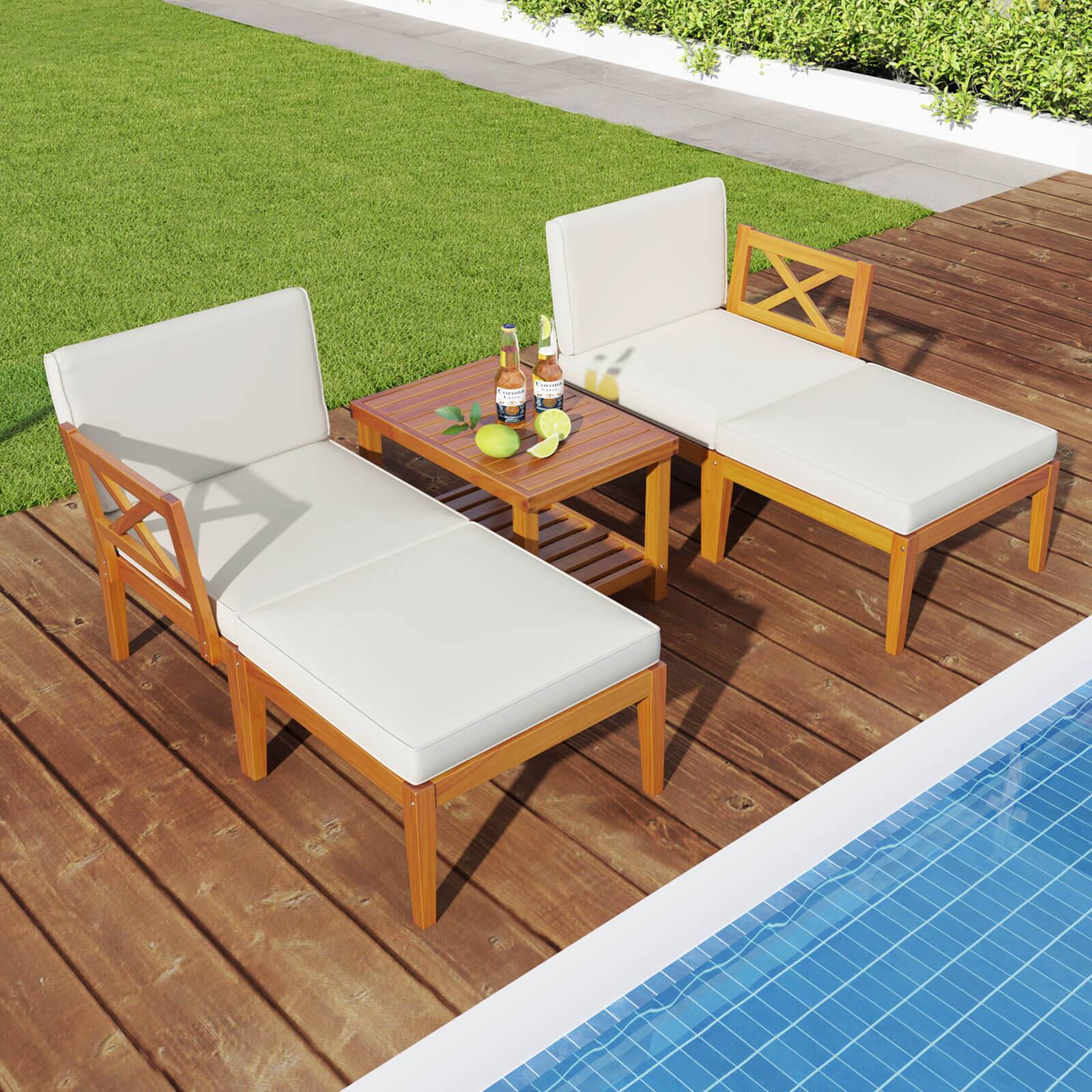 Alt View 1. Costway - 5 PCS Acacia Wood Patio Chaise Lounge Chair Set with 2-Tier Coffee Table Cushions - Off White,Natural.