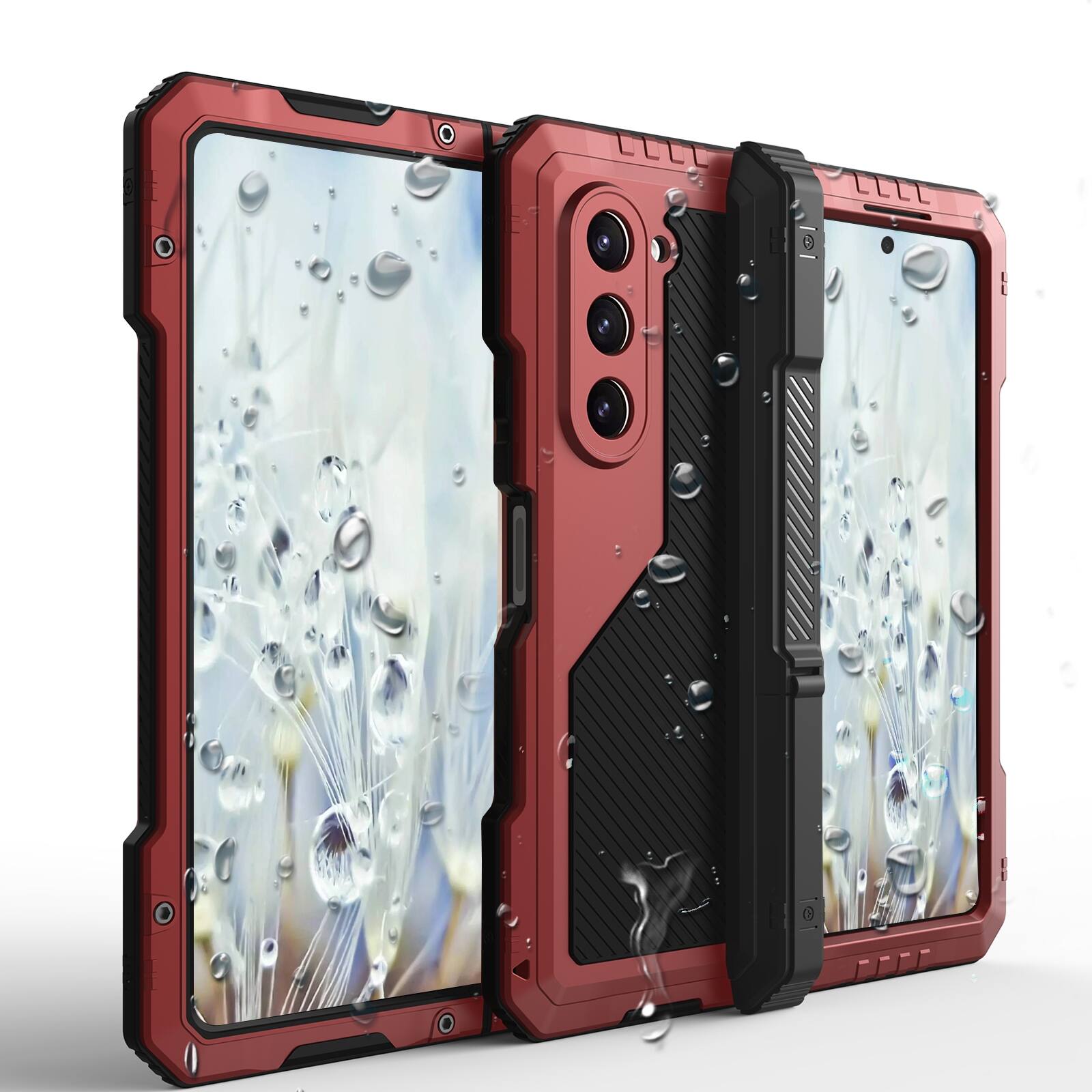 Alt View 5. Dteck - for Samsung Galaxy Z Fold 5 Case with S Pen Holder,Heavy Duty Metal Rubber Hybrid Shockproof Case with Hinge Protection - Red.