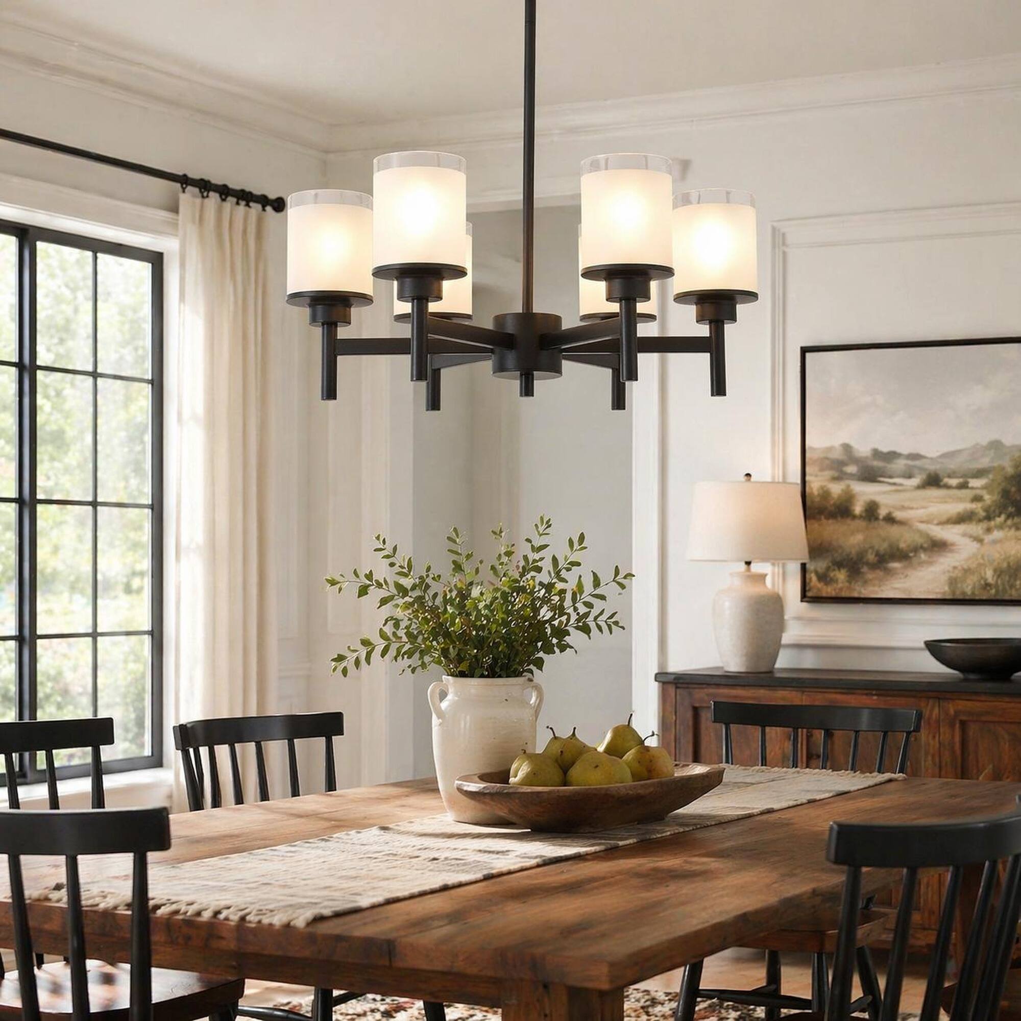 Angle. RYHNUYNE - 6-Light Frosted Glass Farmhouse Chandelier with Adjustable Hanging Rods, Black Metal Industrial Pendant Light.