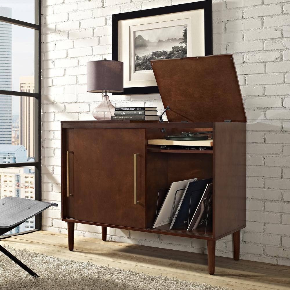 Alt View 6. Crosley Furniture - Everett Large Record Player Cabinet With Vinyl Storage - Mahogany.
