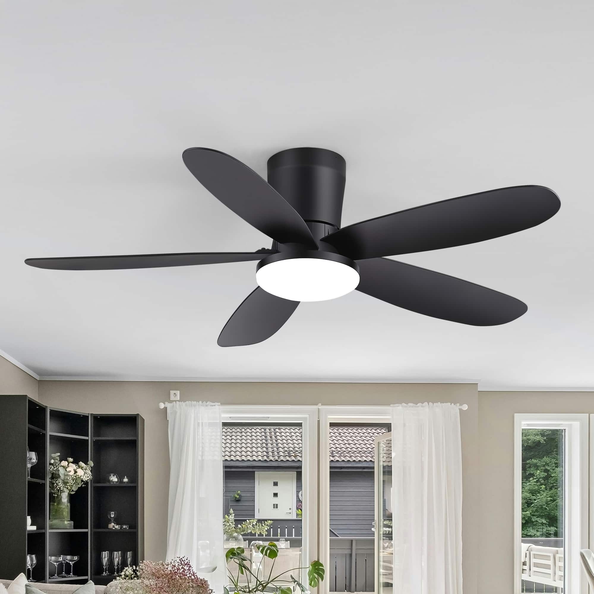 Breezary - 42-Inch Modern Ceiling Fan with Acrylic Shade, Dimmable LED Light, 3 CCT, 6-Speed Remote, Timer, Flush Mount, ABS Blades - 42-Inch Black Ceiling Fan