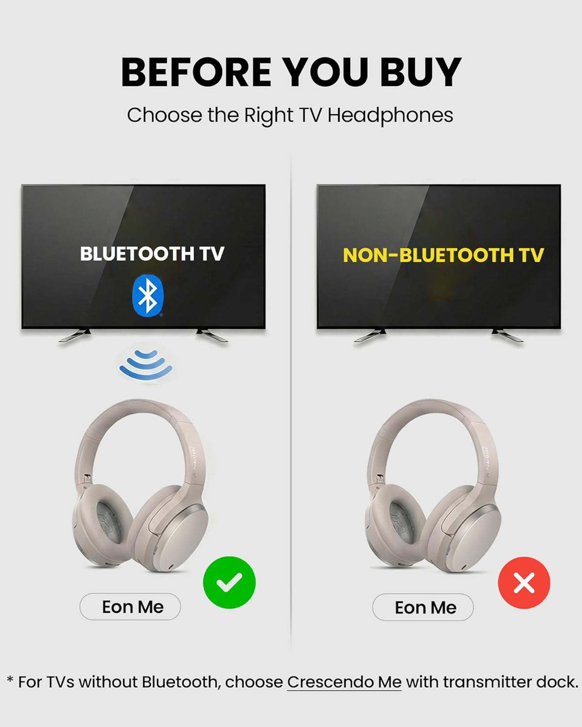 BEFORE YOU BUY  
Choose the Right TV Headphones  

BLUETOOTH TV  
Eon Me ✔️  

NON-BLUETOOTH TV  
Eon Me ❌  

*For TVs without Bluetooth, choose Crescendo Me with transmitter dock.