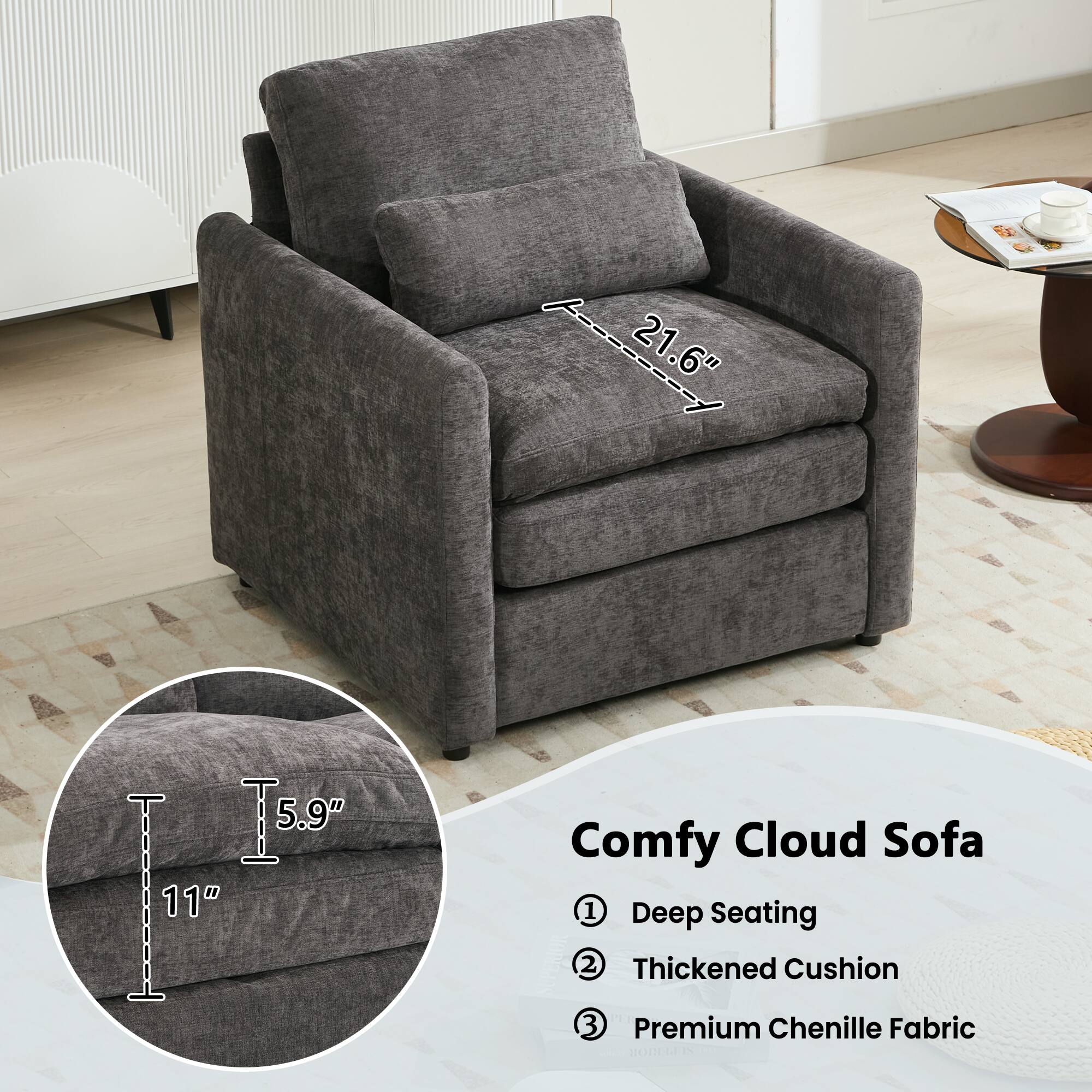 21.6" I 5.9" F 11" Comfy Cloud Sofa  
1 Deep Seating  
2 Thickened Cushion  
3 Premium Chenille Fabric