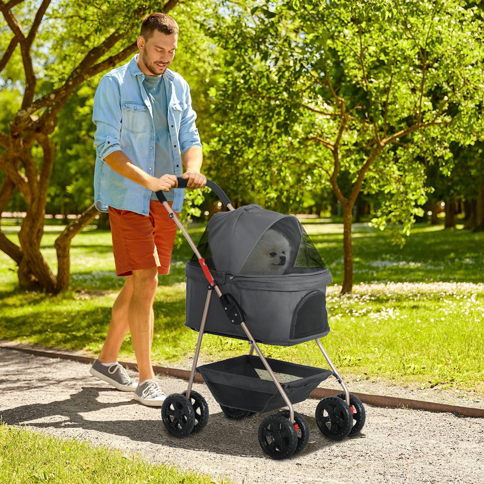 Angle. Pawhut - 3 in 1 Dog Stroller, Detachable Carrier, 4 Wheels, Storage Basket, Cupholder, Washable Pads, Folding.