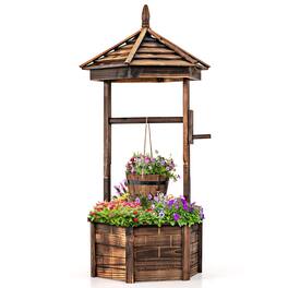 Costway - Wooden Wishing Well Hexagonal Bucket Flower Plants Planter Patio Garden Decor - Brown