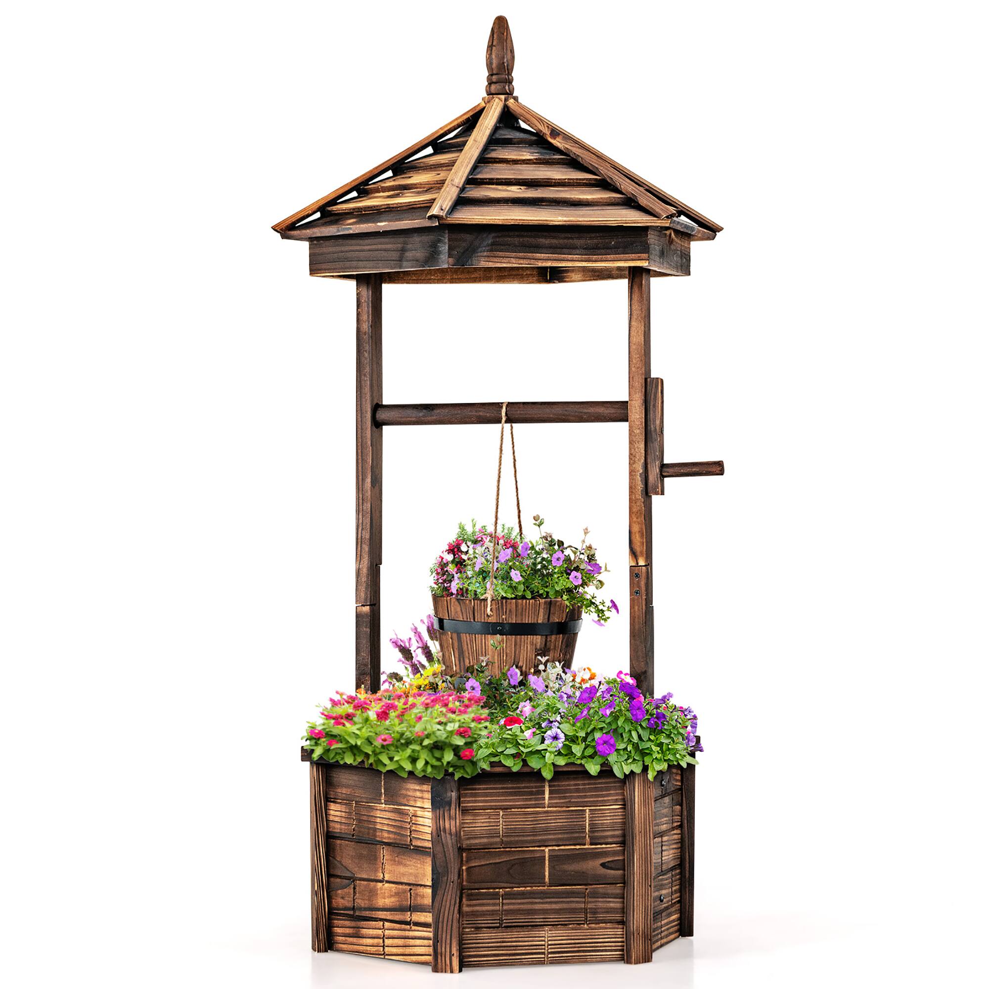 Front. Costway - Wooden Wishing Well Hexagonal Bucket Flower Plants Planter Patio Garden Decor - Brown.