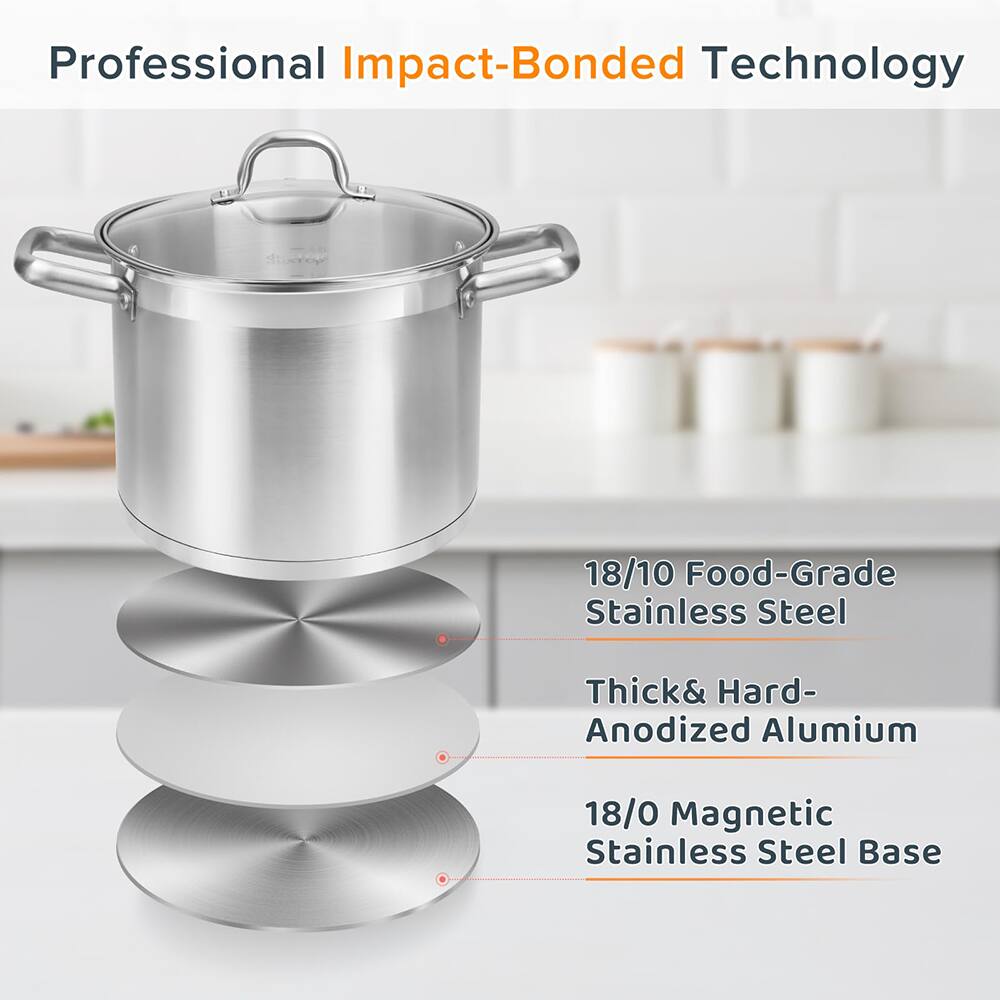 Professional Impact-Bonded Technology

18/10 Food-Grade Stainless Steel

Thick & Hard-Anodized Aluminum

18/0 Magnetic Stainless Steel Base