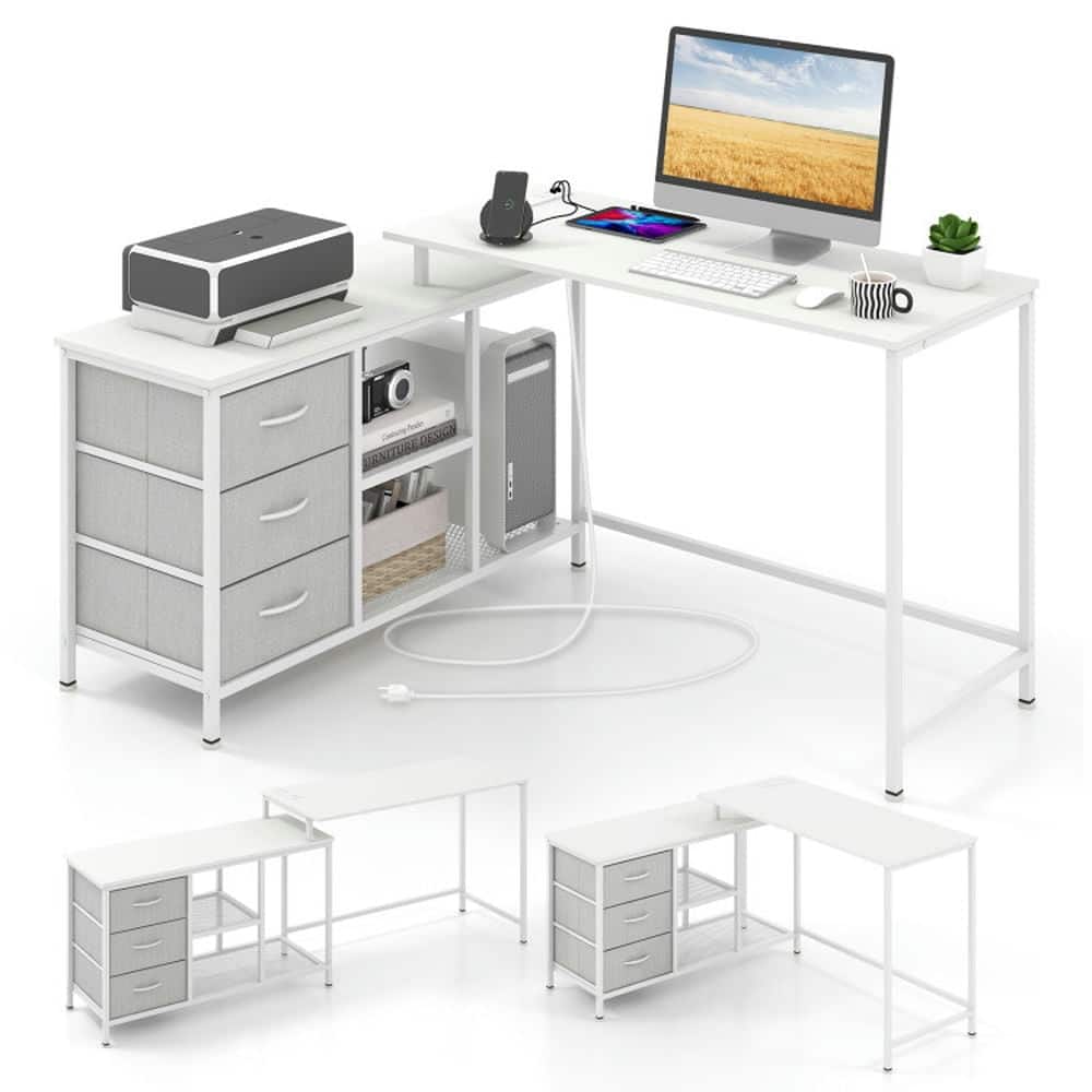 Resenkos - L-shaped Computer Desk with Power Outlet for Working Studying Gaming- Home Office Desks, Gaming Computer Desks - White
