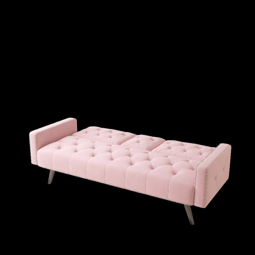 Alt View 9. Loheer - Loheer Pink Velvet Sofa Bed 72 Inch Convertible Sleeper Sofa with Cup Holders Tufted Futon for Small Spaces - Pink.